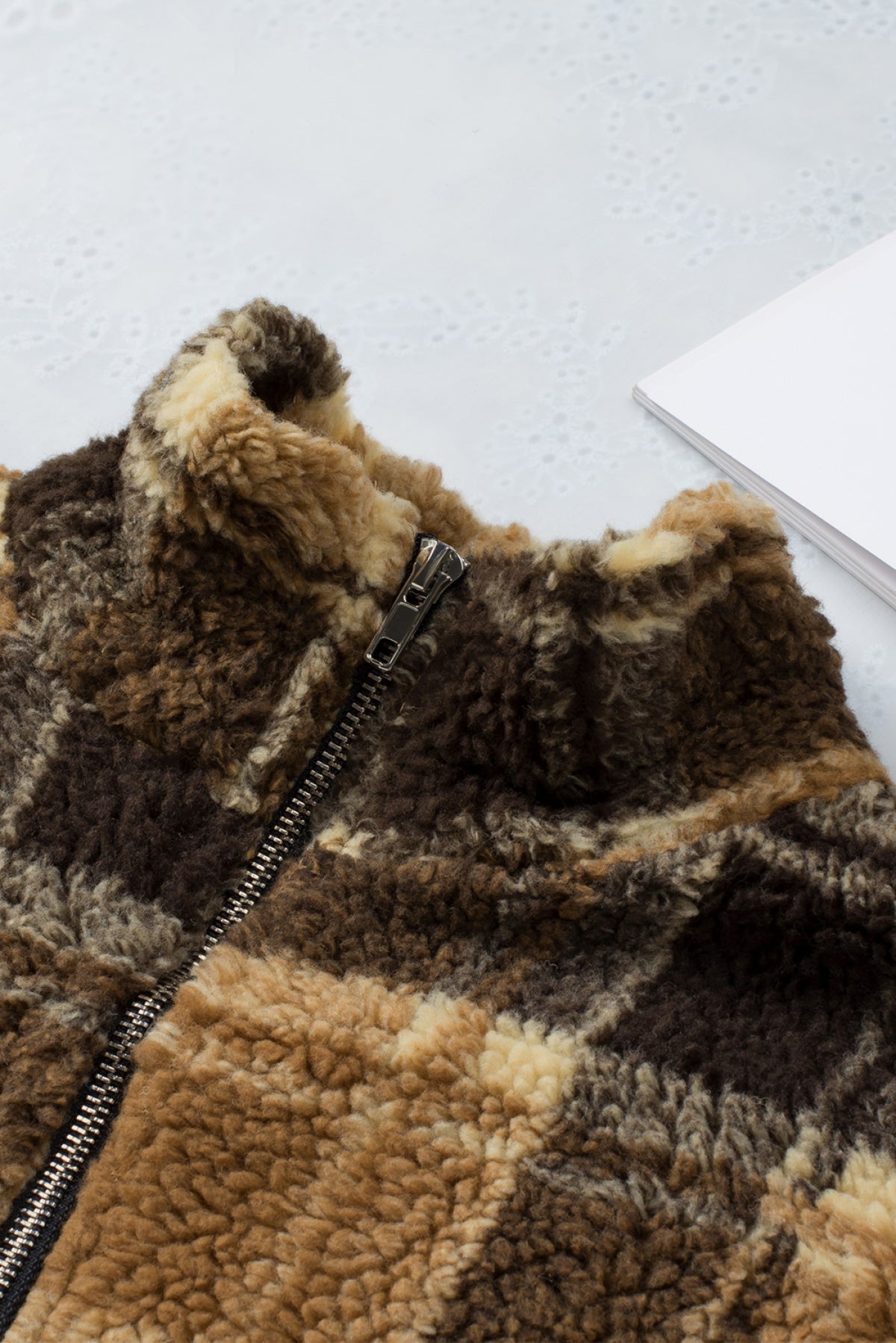 Brown Zip Collar Plaid Pattern Fleece Sweatshirt