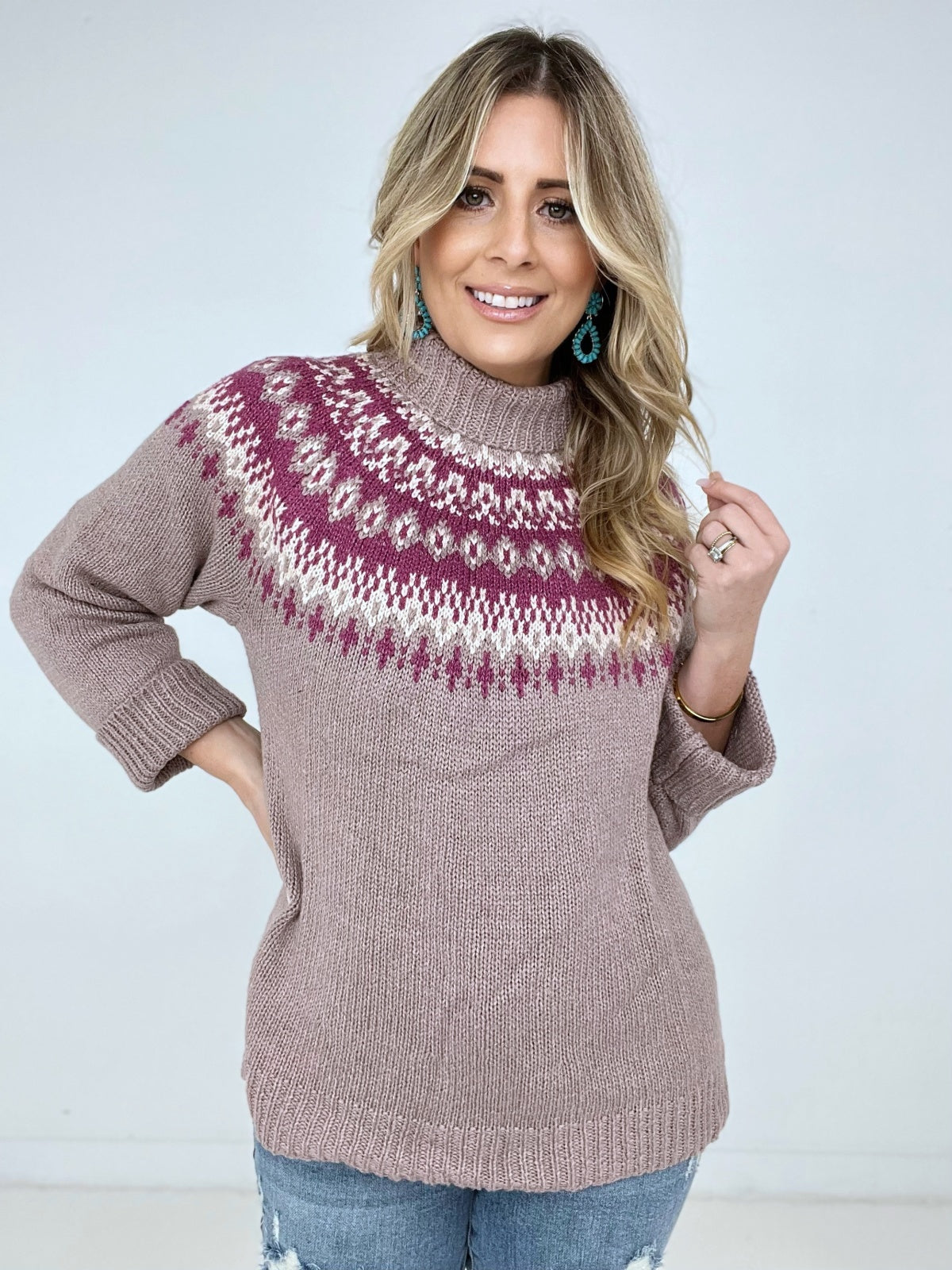 Easel "Nordic Mauve Mock Neck" Mock Neck Knit Side Slit Sweater