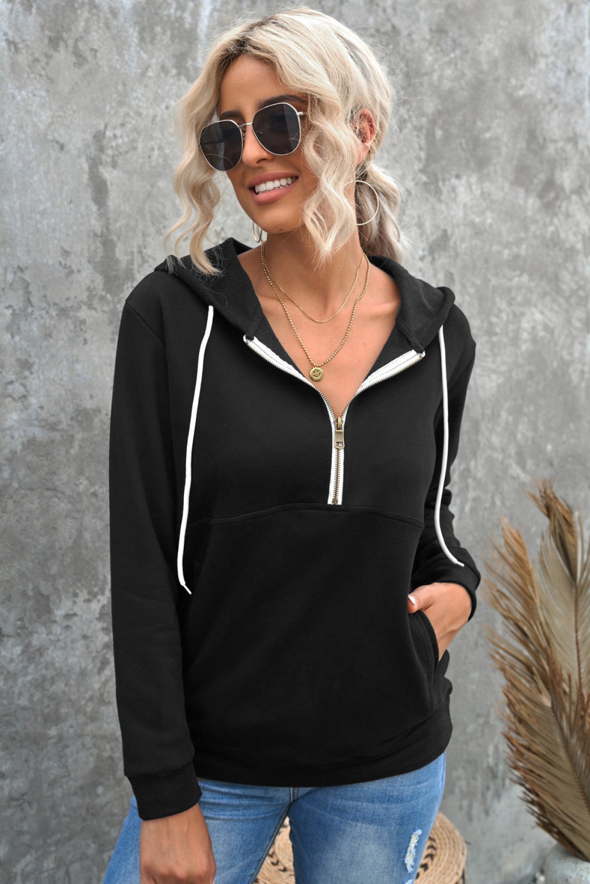 Half Zip Long Sleeve Hoodie With Pocket