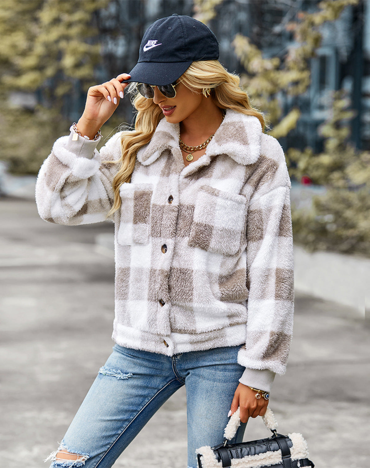 Plaid Lapel Single-Breasted Fleece Short Coat