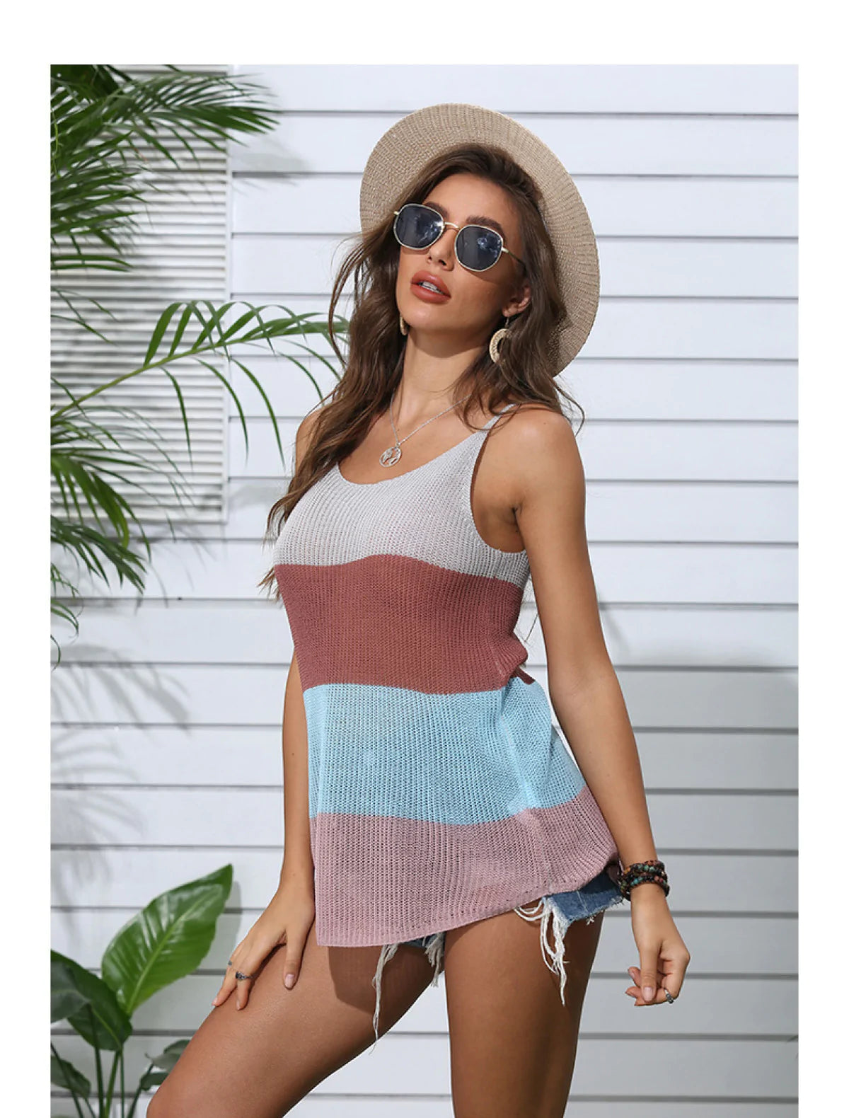 Casual Knitted Striped Colorblock U-Neck Top