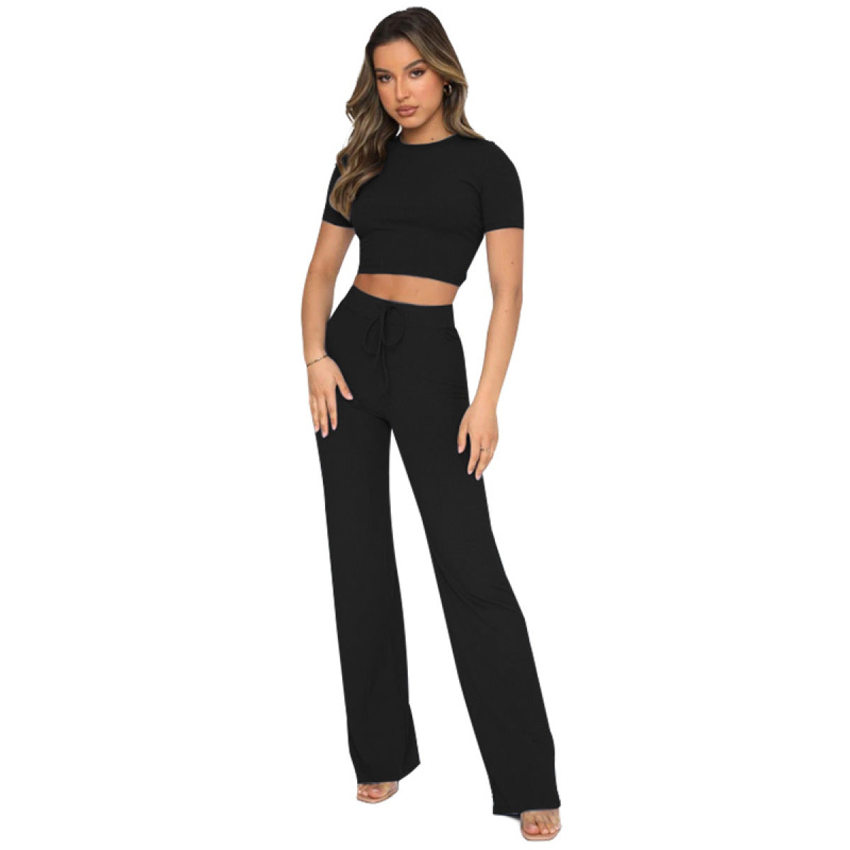 Casual High Elastic Short-Sleeved Top & Wide-Leg Pants Two-Piece Set