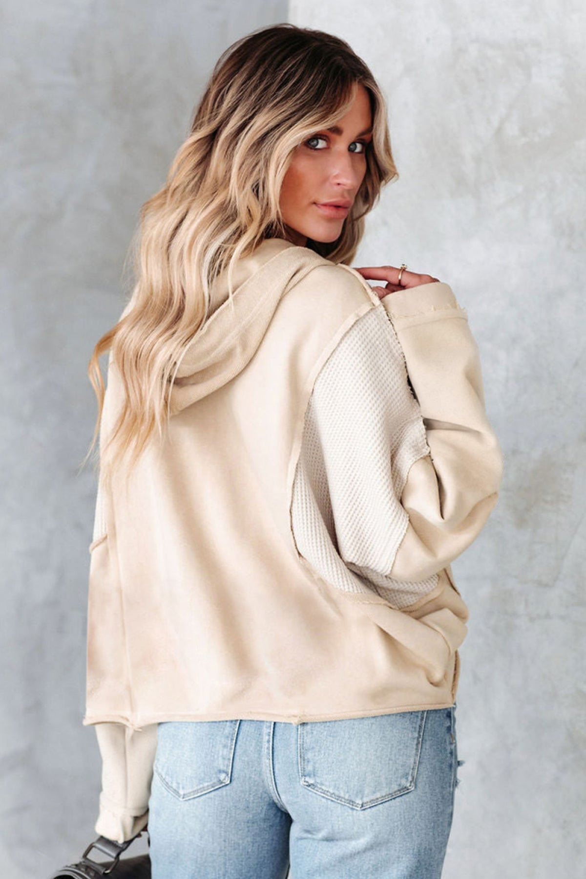 Gray Waffle Knit Long Sleeve Drawstring Hoodie