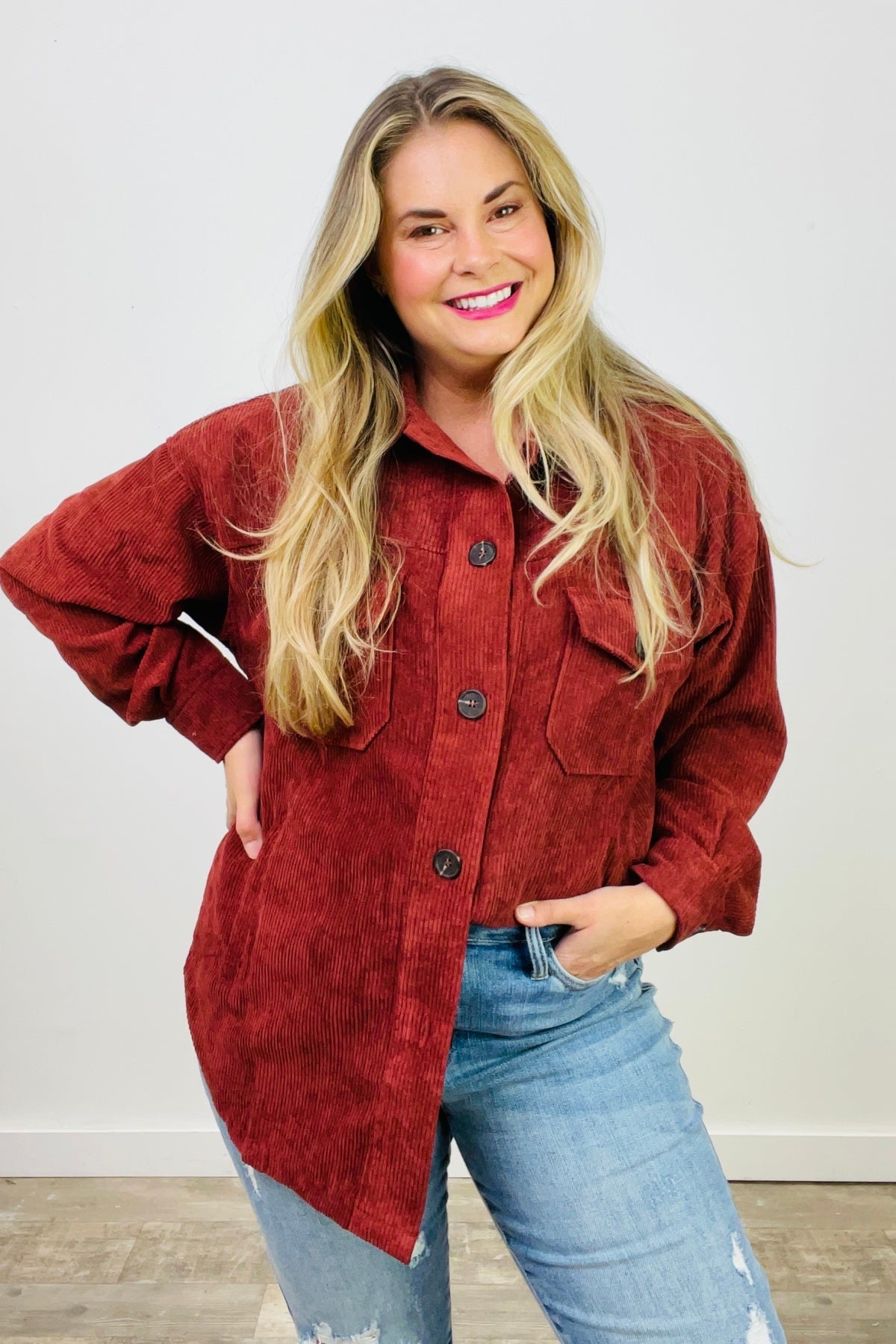 Zenana Oversized Corduroy Button Front Shacket with Pockets