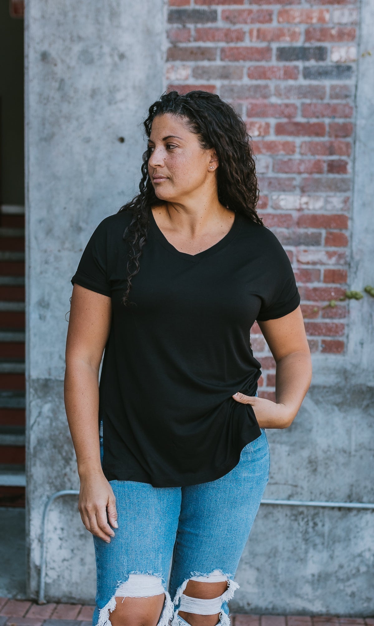 Rae Mode Solid V Neck Short Sleeve Top