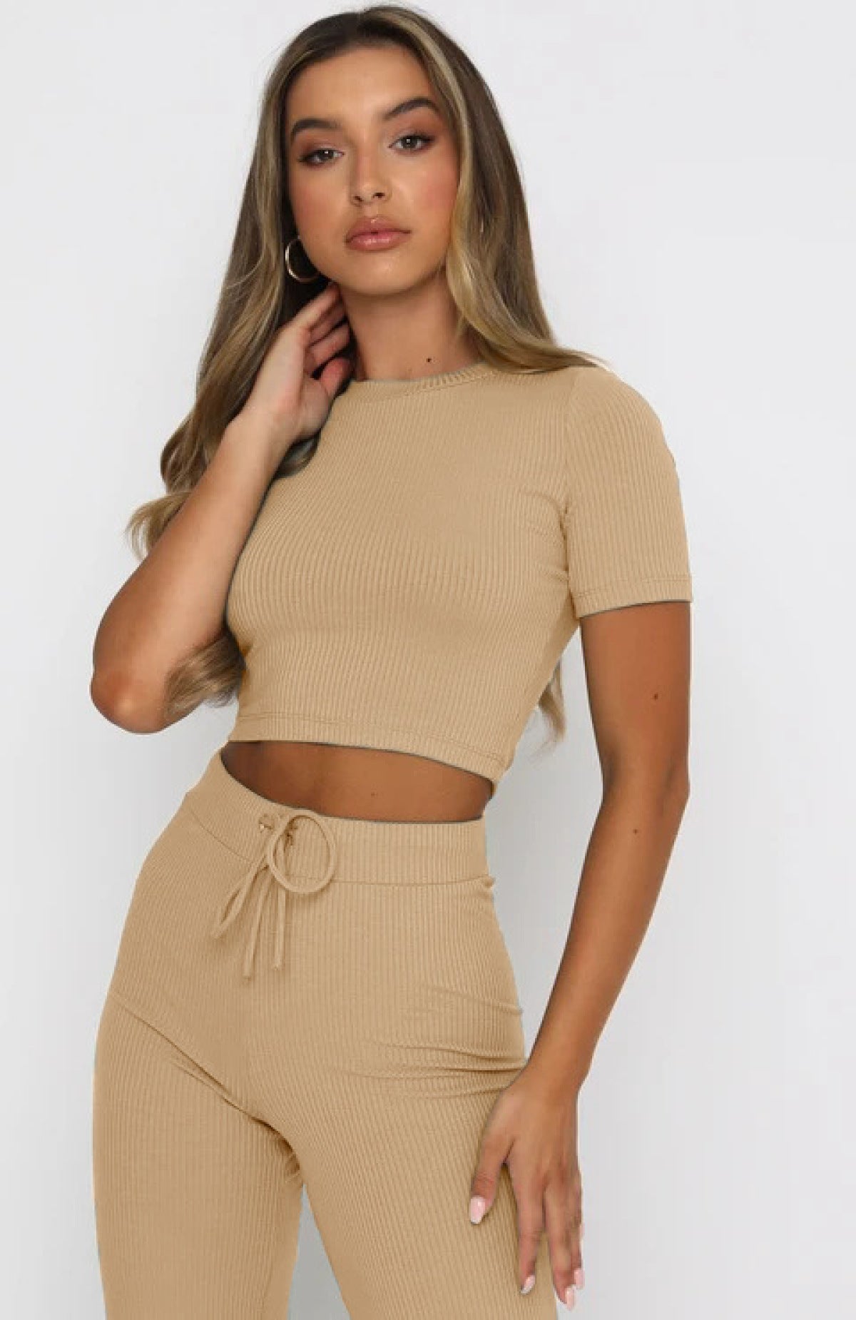Casual High Elastic Short-Sleeved Top & Wide-Leg Pants Two-Piece Set