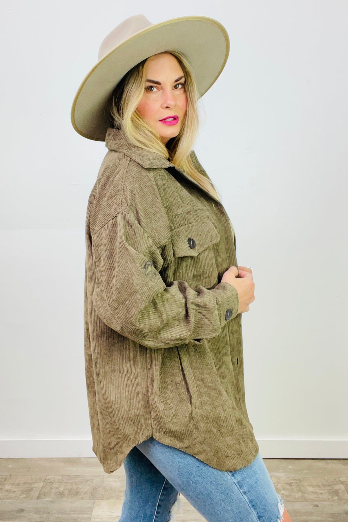 Zenana Oversized Corduroy Button Front Shacket with Pockets