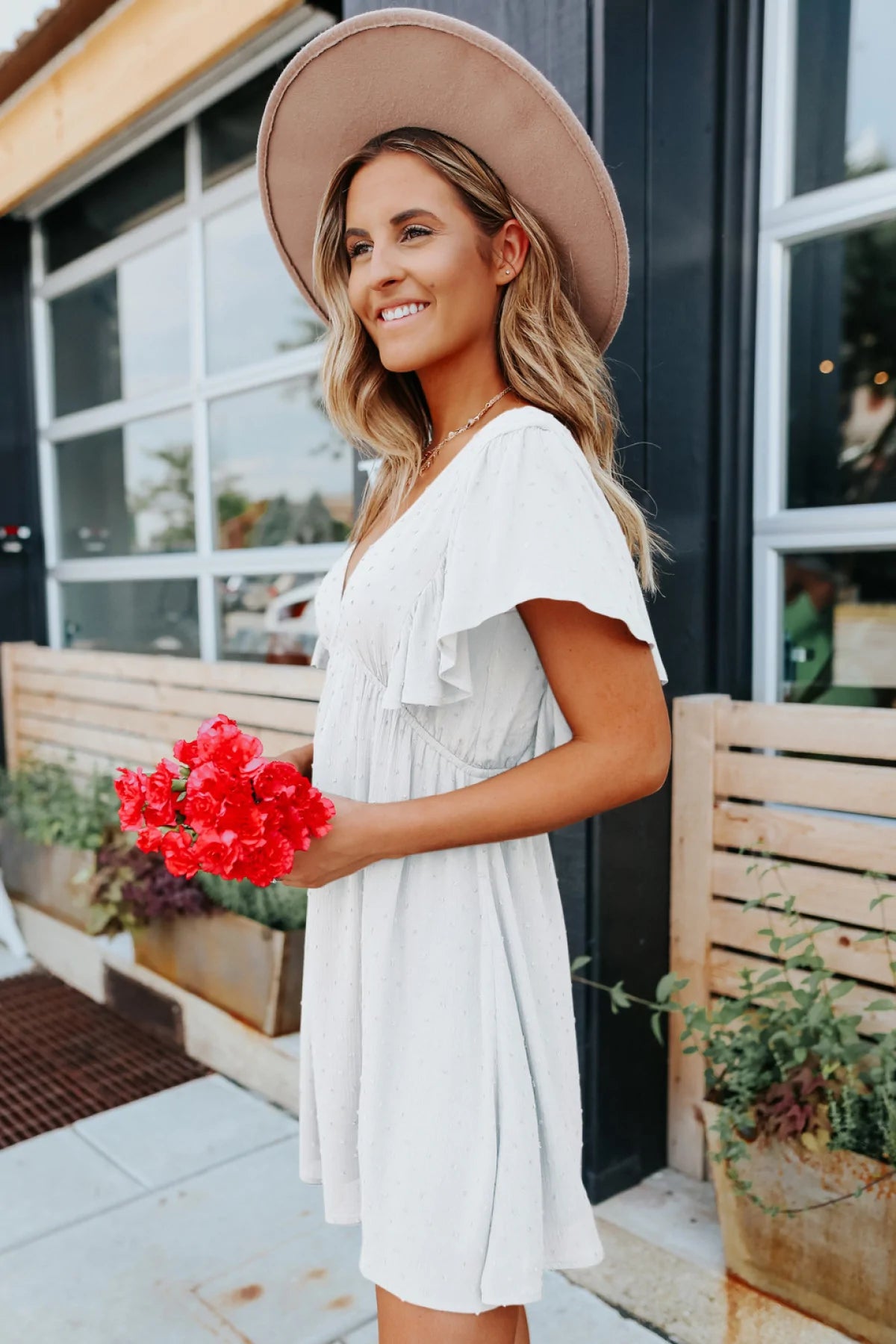 Deep V Ruffle Sleeve Solid Color A-line Mini Dress