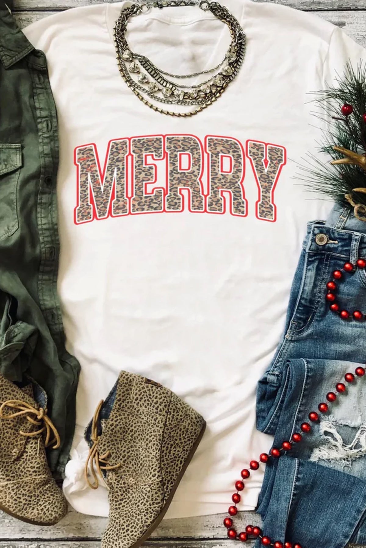 White Leopard MERRY Letters Print Short Sleeve T-Shirt