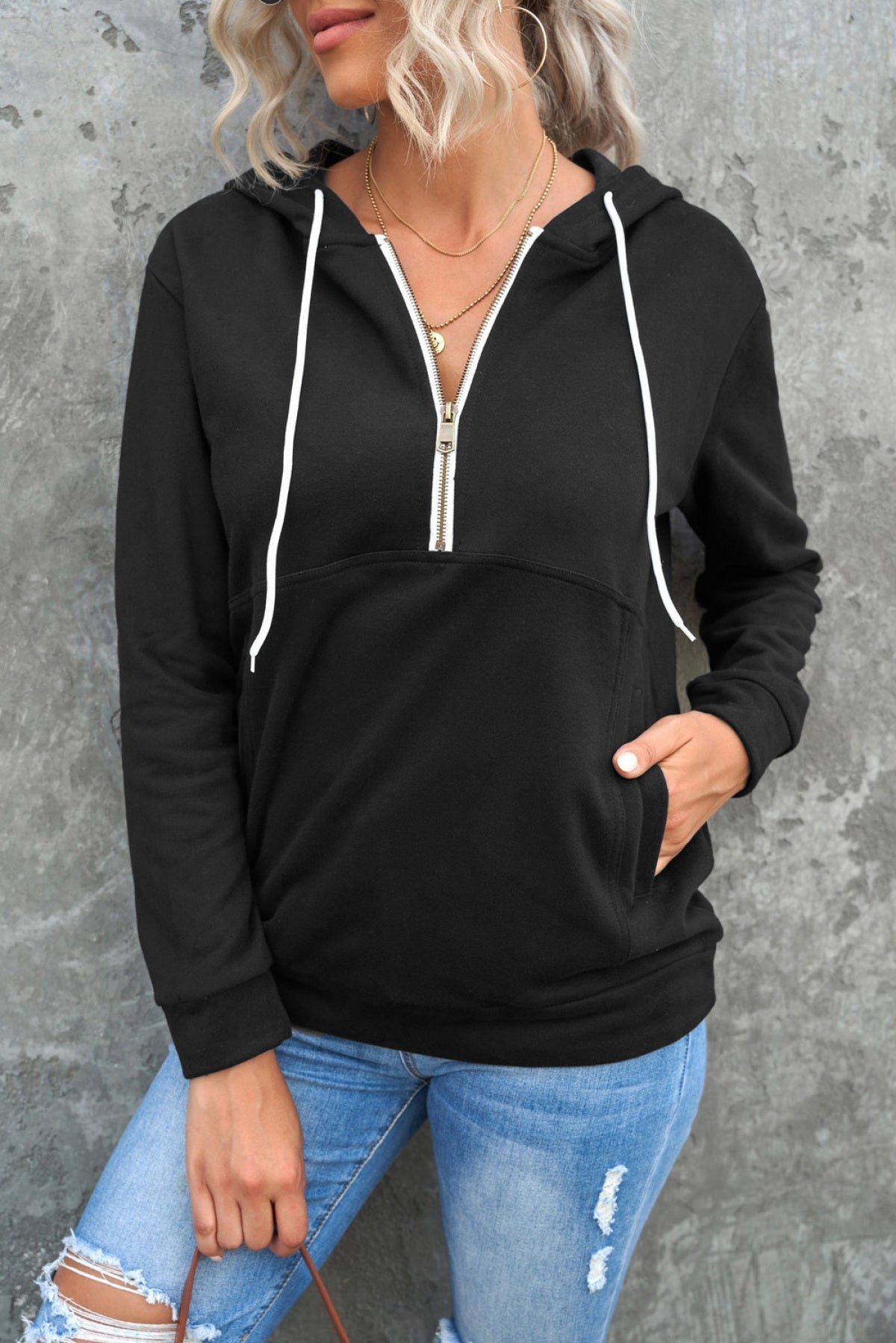 Half Zip Long Sleeve Hoodie With Pocket
