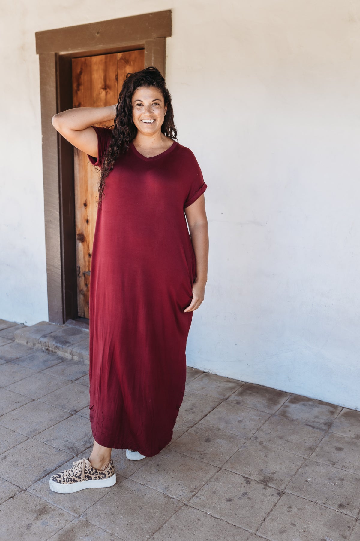 Rae Mode V Neck Basic Side Slit Maxi Dress with Pocket