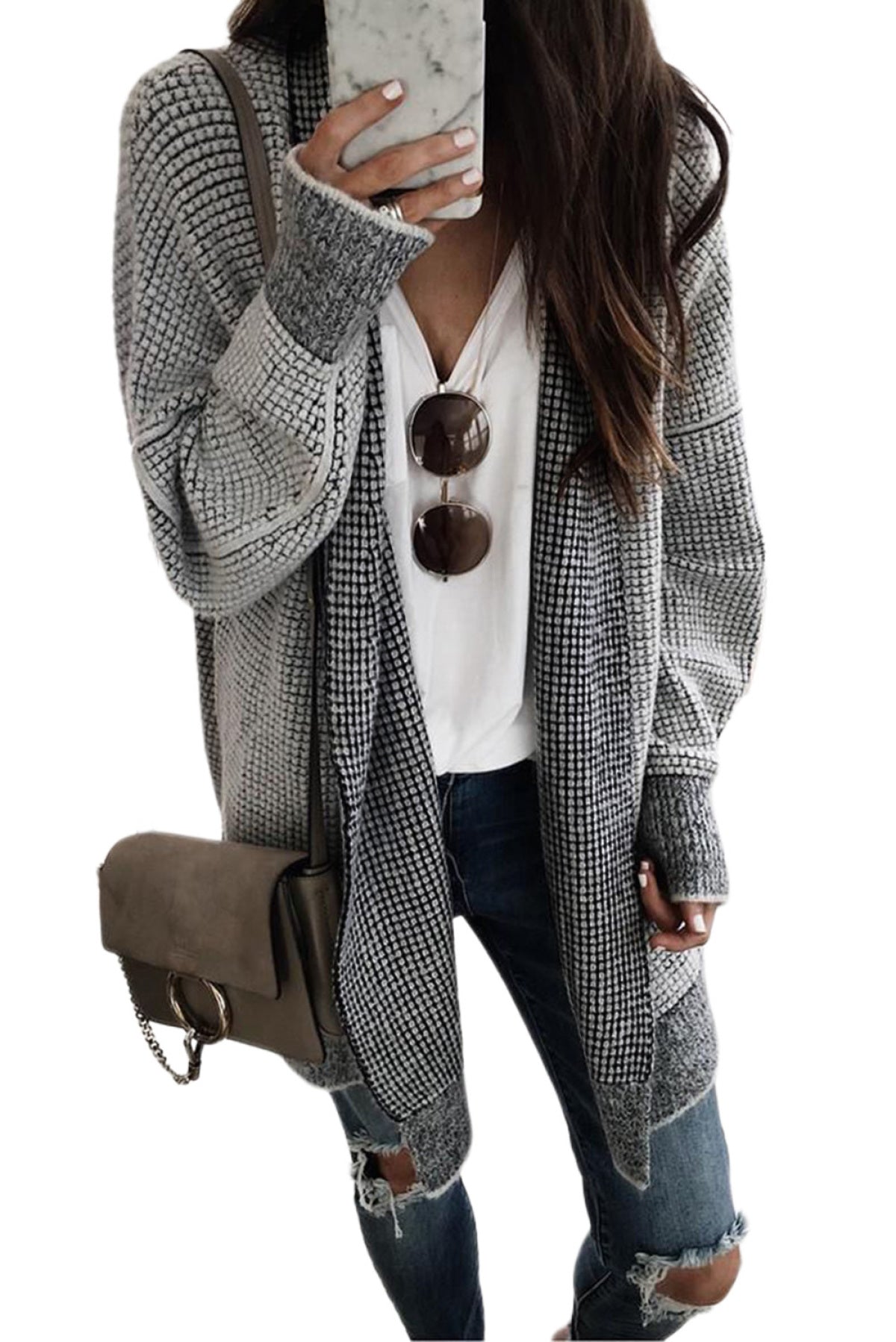 Plaid Knitted Long Open Front Cardigan