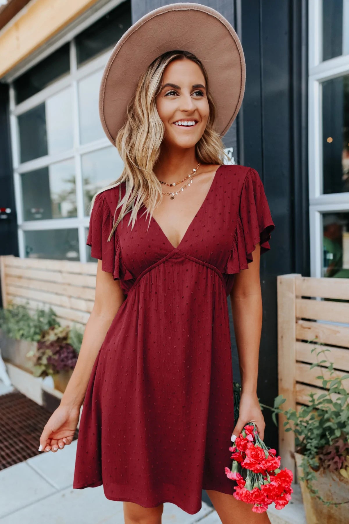 Deep V Ruffle Sleeve Solid Color A-line Mini Dress