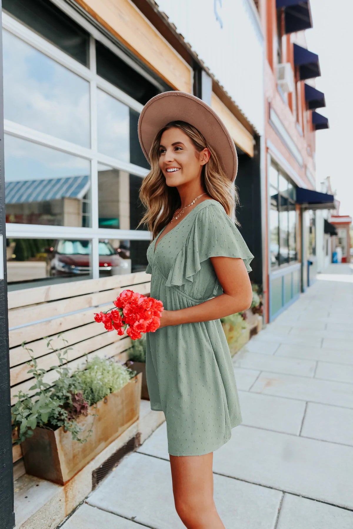 Deep V Ruffle Sleeve Solid Color A-line Mini Dress