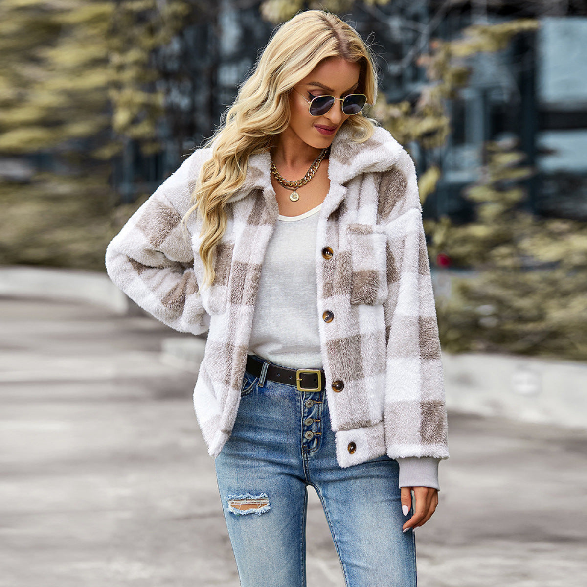 Plaid Lapel Single-Breasted Fleece Short Coat