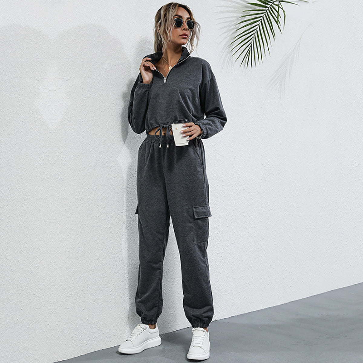 Stamd Up Collared Neck Tie Waist Leg Pocket Sport Lounge Sets