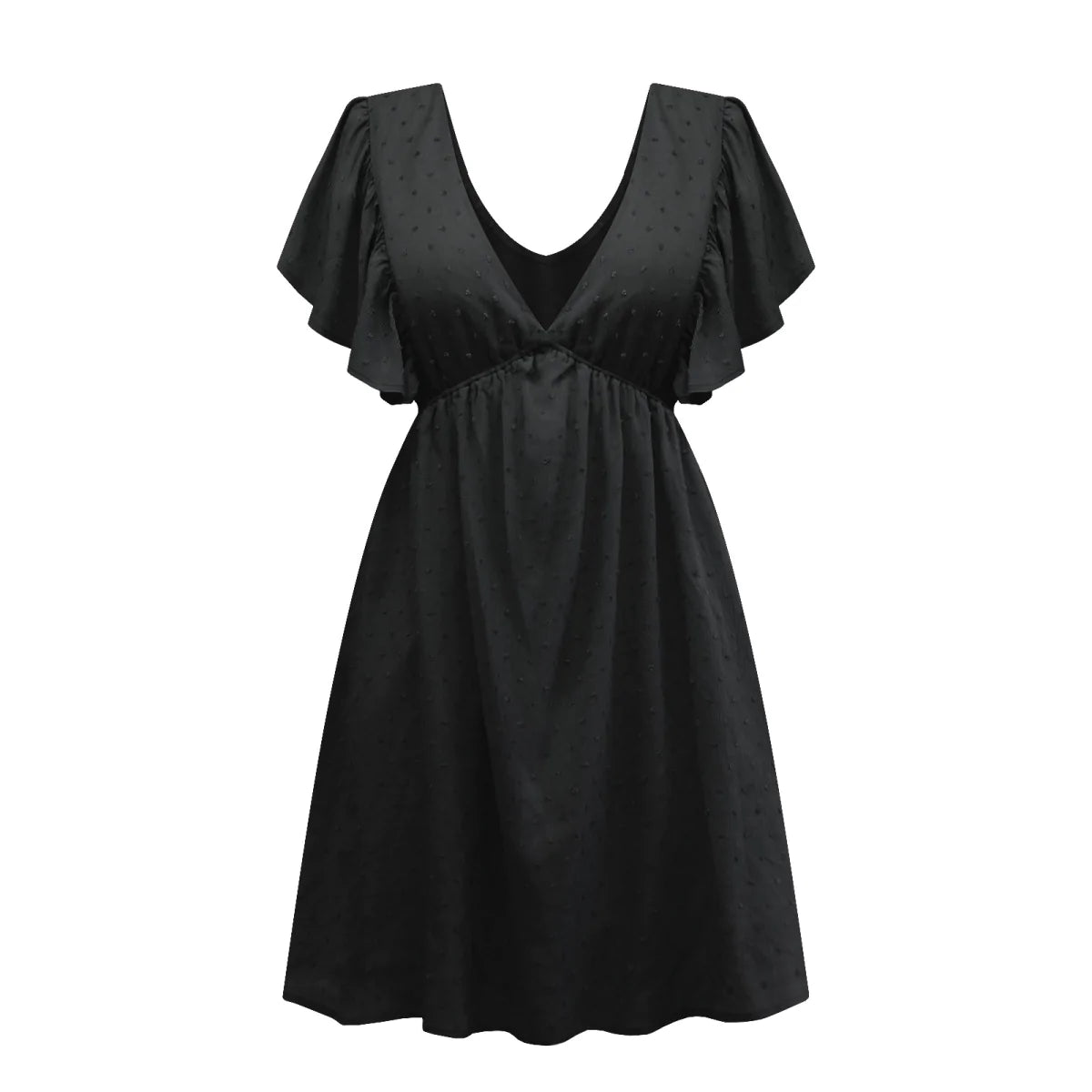Deep V Ruffle Sleeve Solid Color A-line Mini Dress