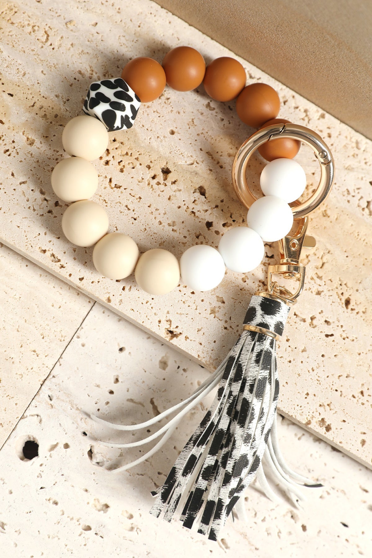 Multicolor Silicone Beads Bracelet Leopard Tassel Keyring
