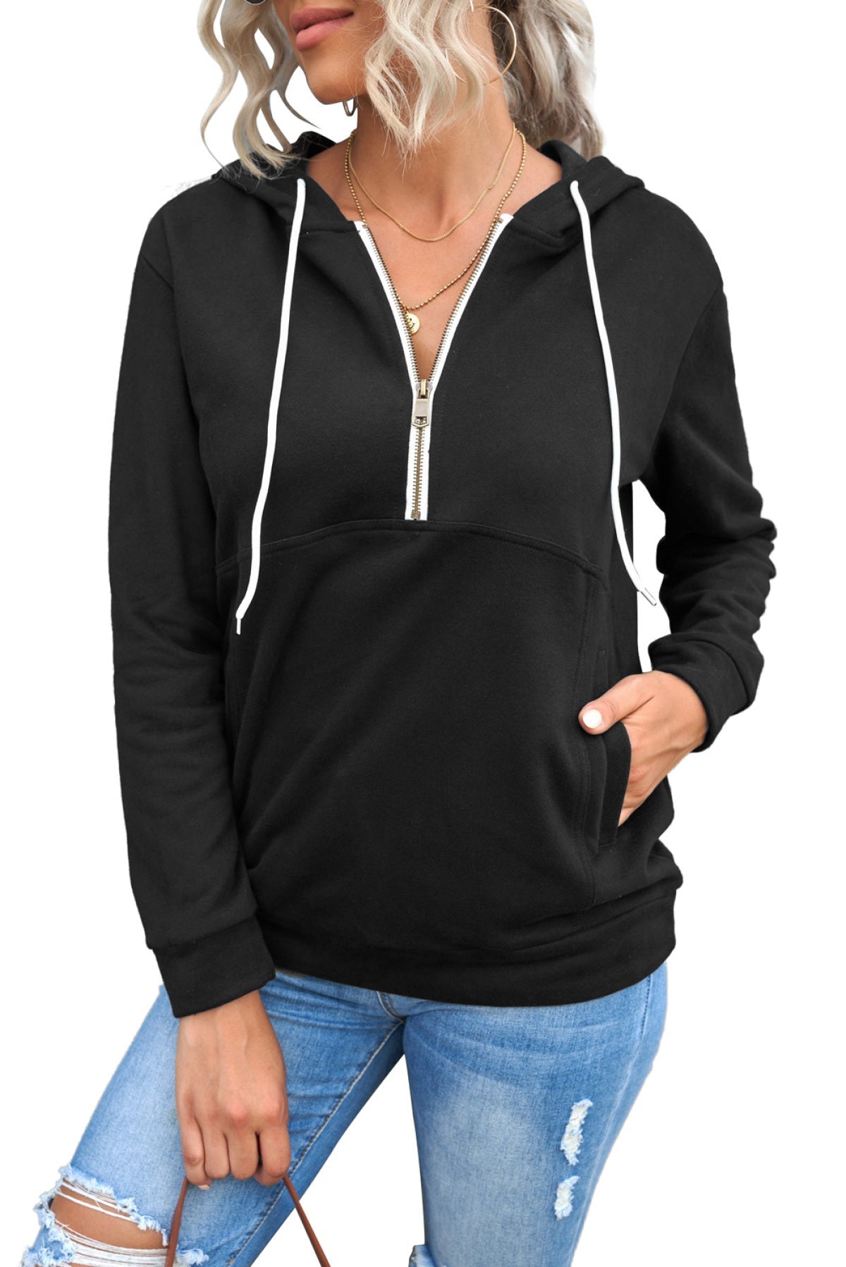 Half Zip Long Sleeve Hoodie With Pocket
