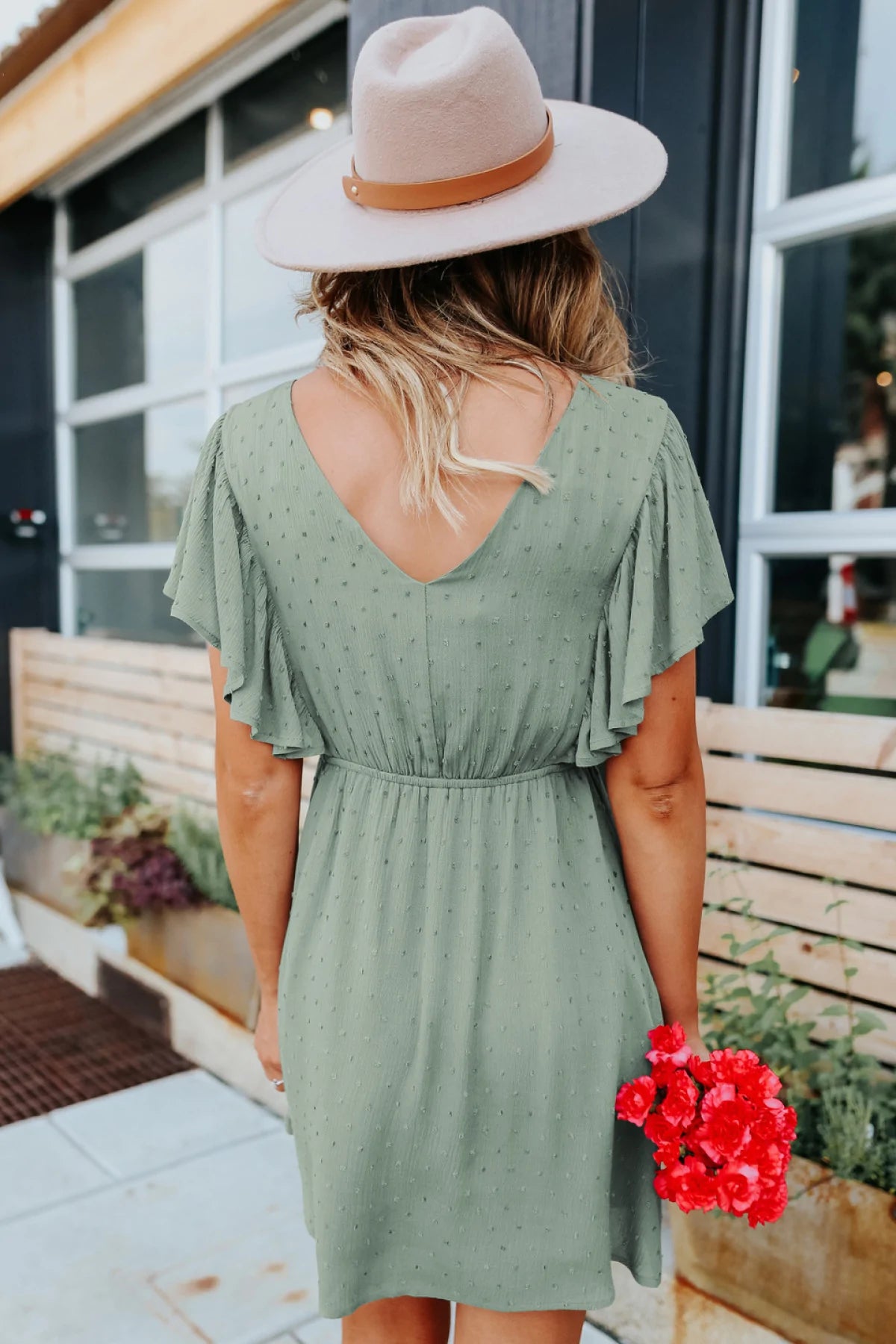 Deep V Ruffle Sleeve Solid Color A-line Mini Dress