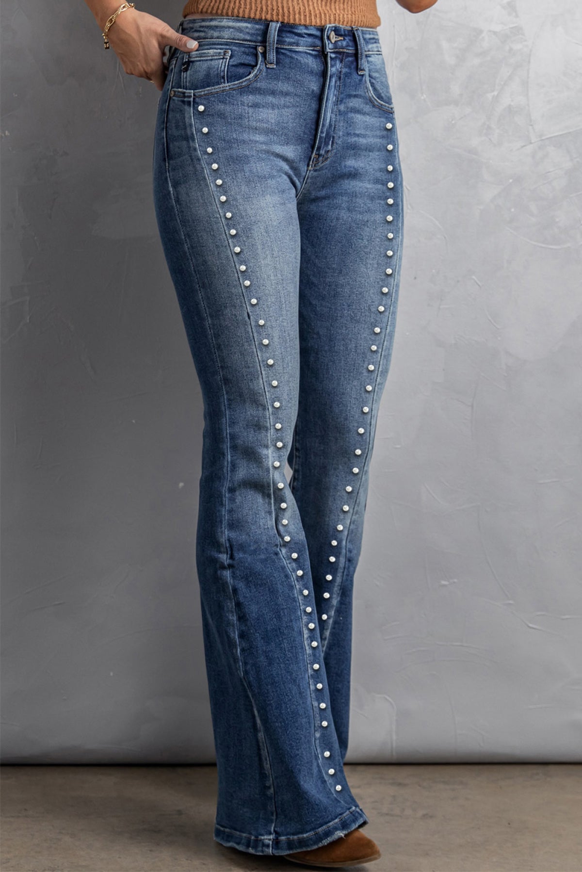 Blue Beading Light Wash High Waist Flare Jeans