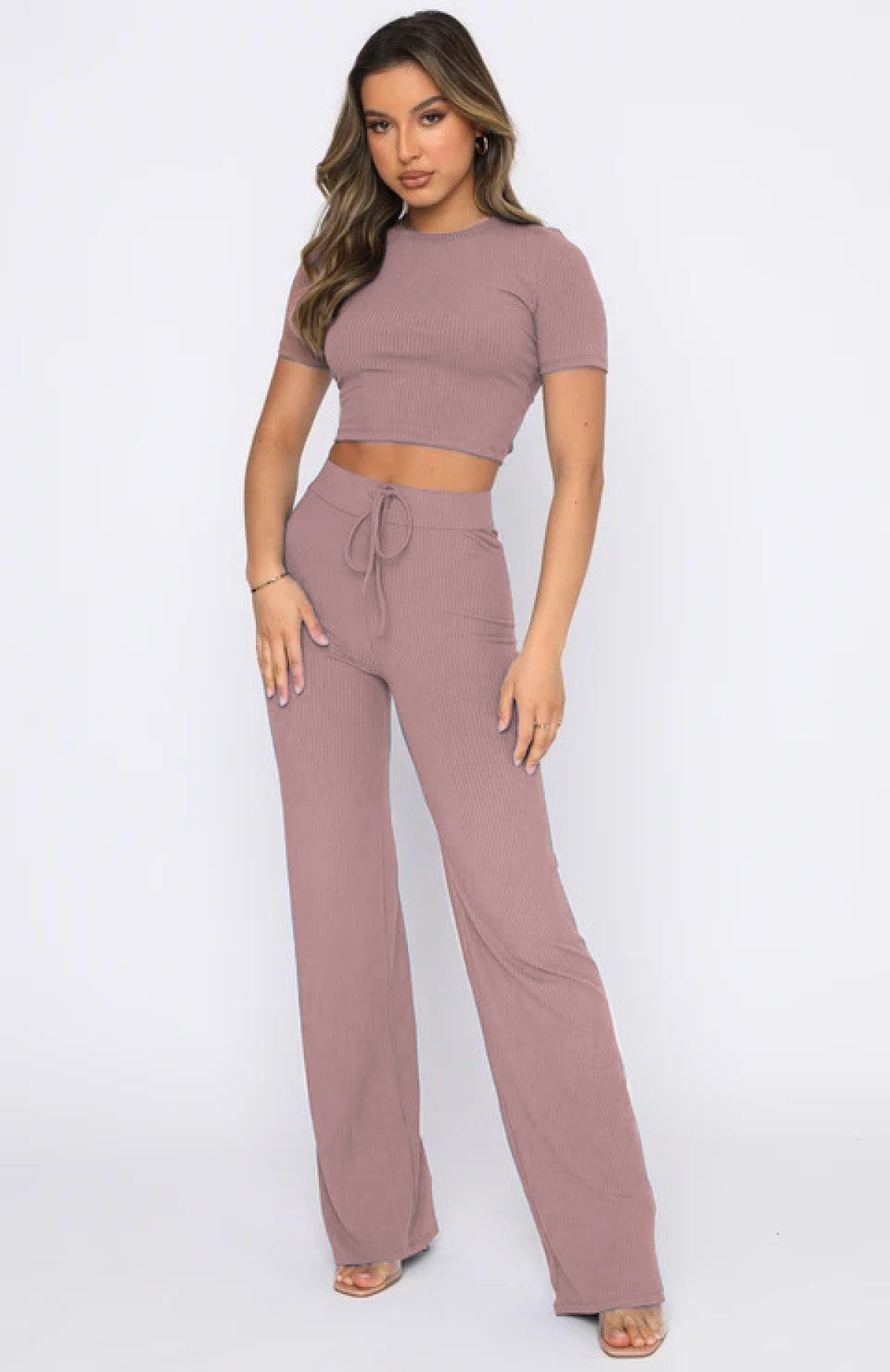 Casual High Elastic Short-Sleeved Top & Wide-Leg Pants Two-Piece Set