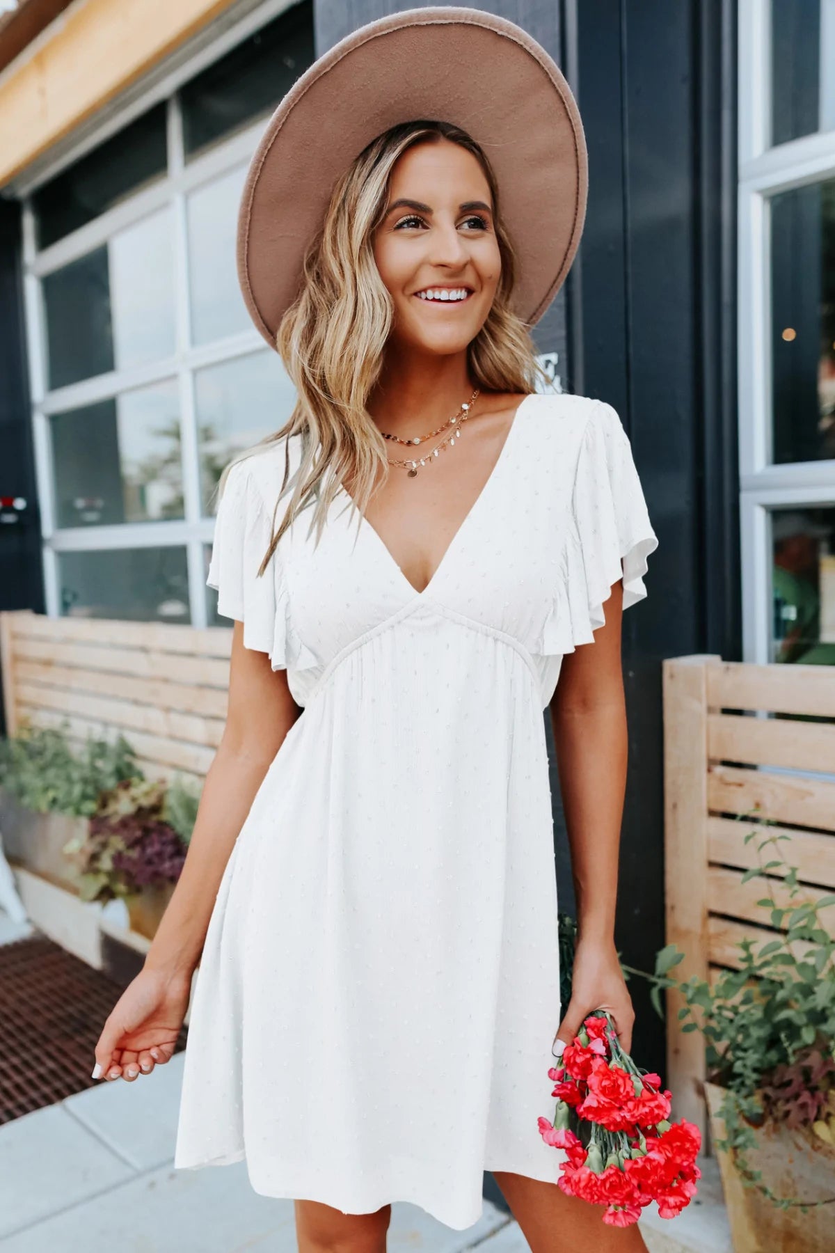Deep V Ruffle Sleeve Solid Color A-line Mini Dress