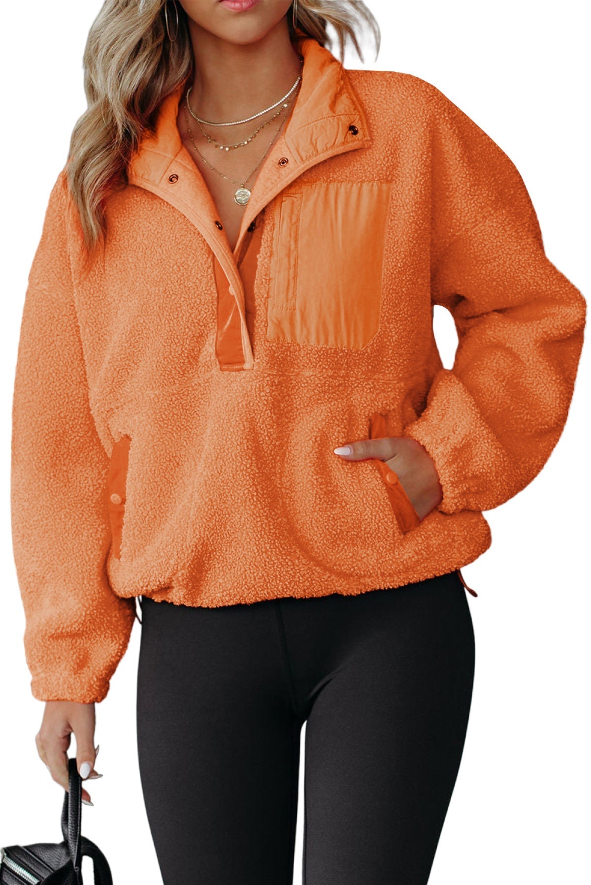 White Half Button Pocketed Fleece Pullover Sweatshirt