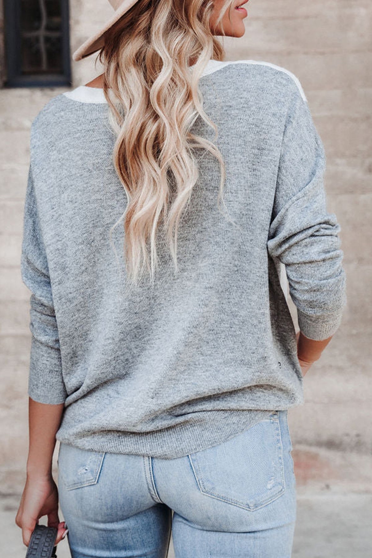Apricot V-Neck Color Block Loose Sweater