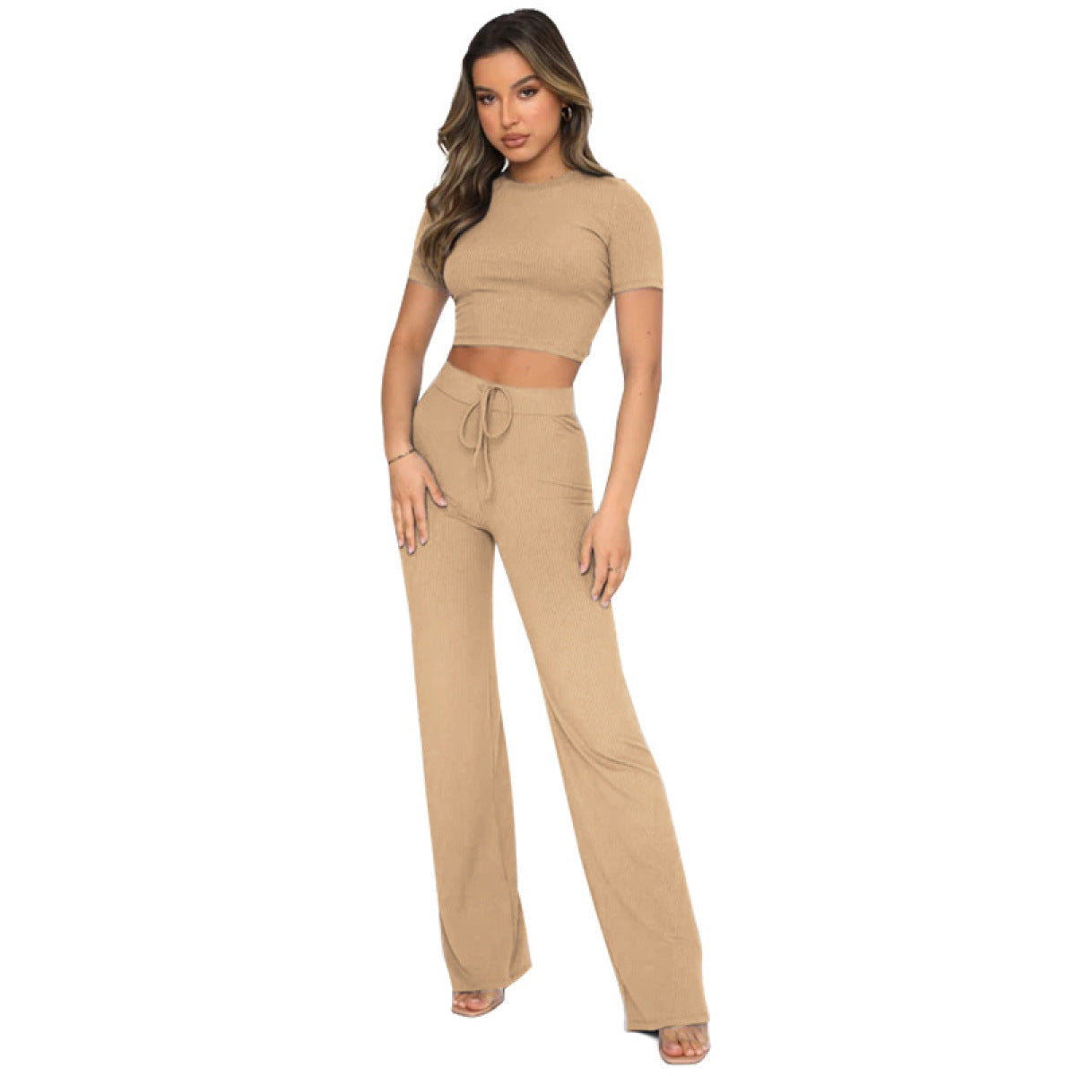 Casual High Elastic Short-Sleeved Top & Wide-Leg Pants Two-Piece Set