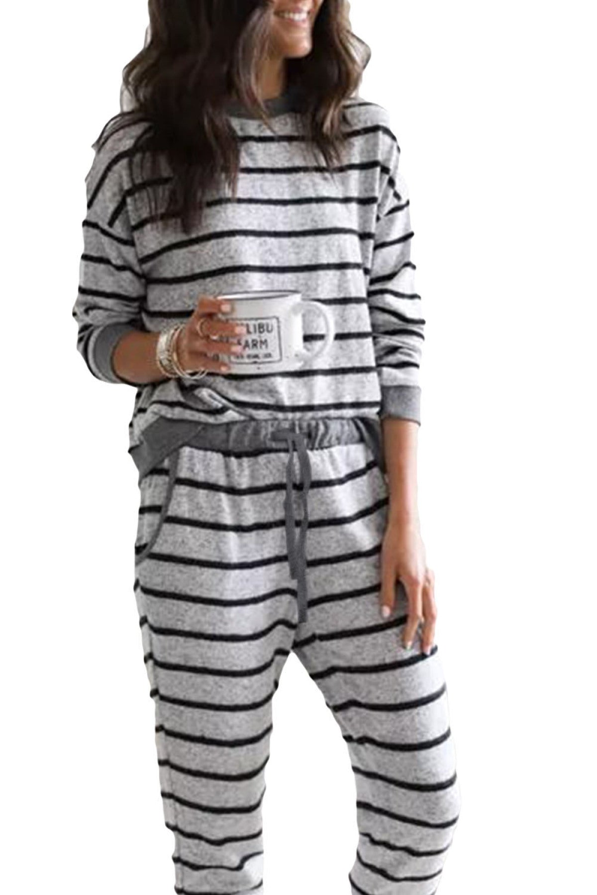 Gray Striped Long Sleeve Top And Drawstring Joggers Loungewear