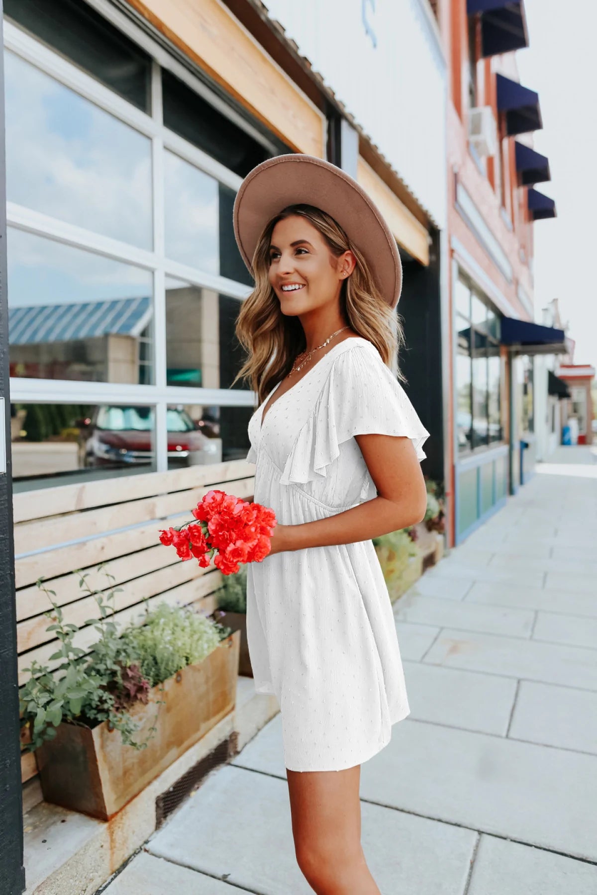 Deep V Ruffle Sleeve Solid Color A-line Mini Dress