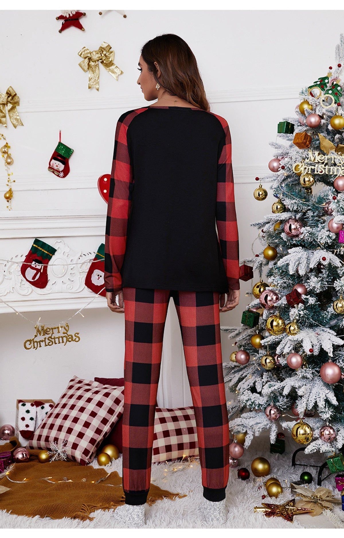 Round Neck Plaid Patchwork Blouses & Elastic Waist Pants Lounge Sets