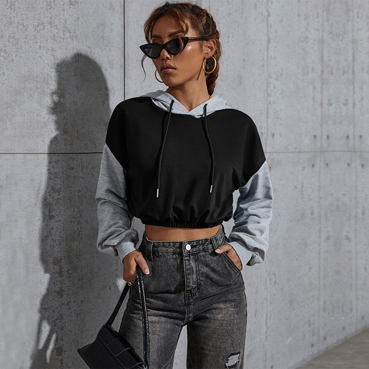 Two-Tone Colorblock Drawstring Elastic Hem Cropped Hoodie