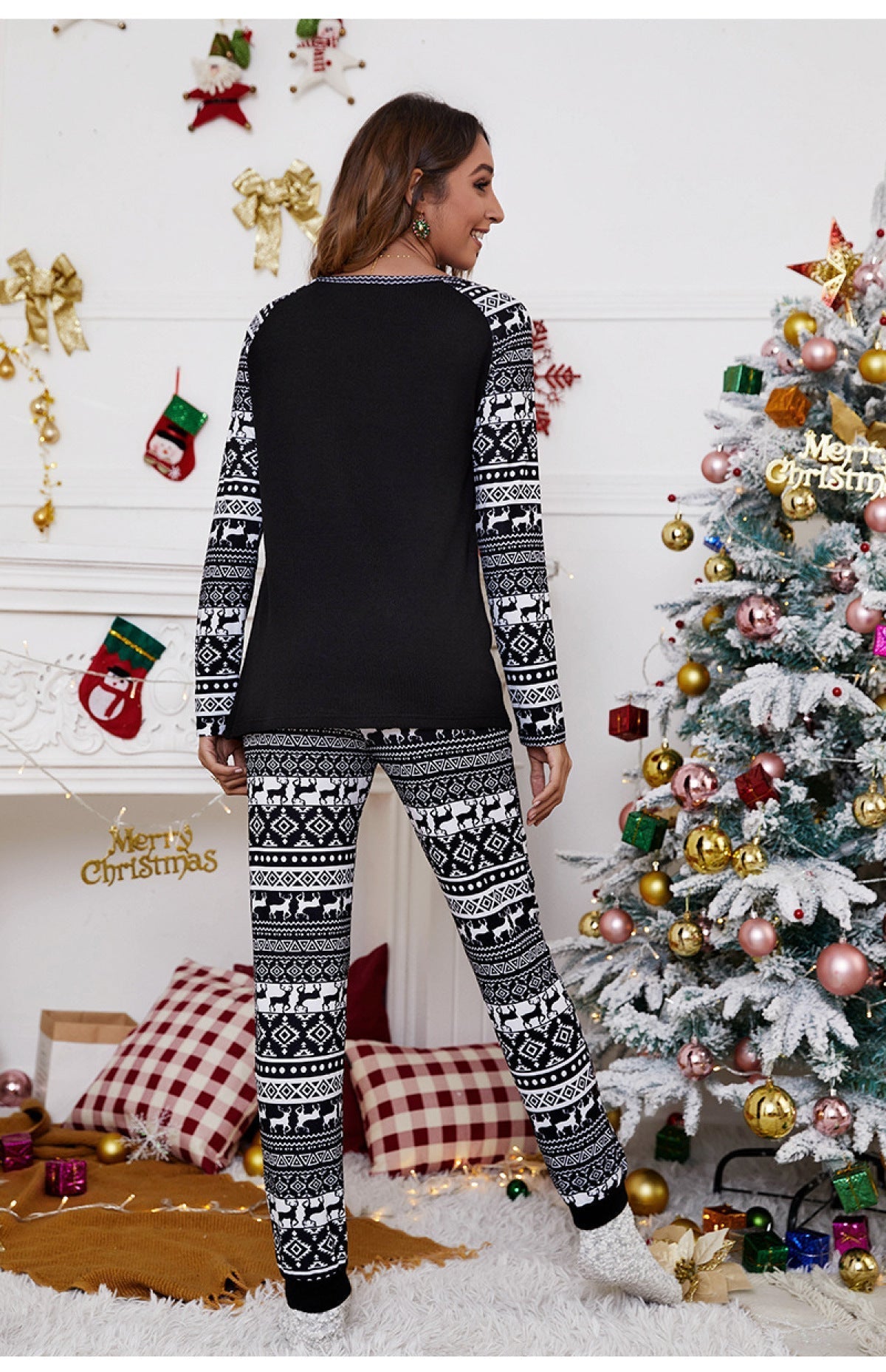 Round Neck Plaid Patchwork Blouses & Elastic Waist Pants Lounge Sets