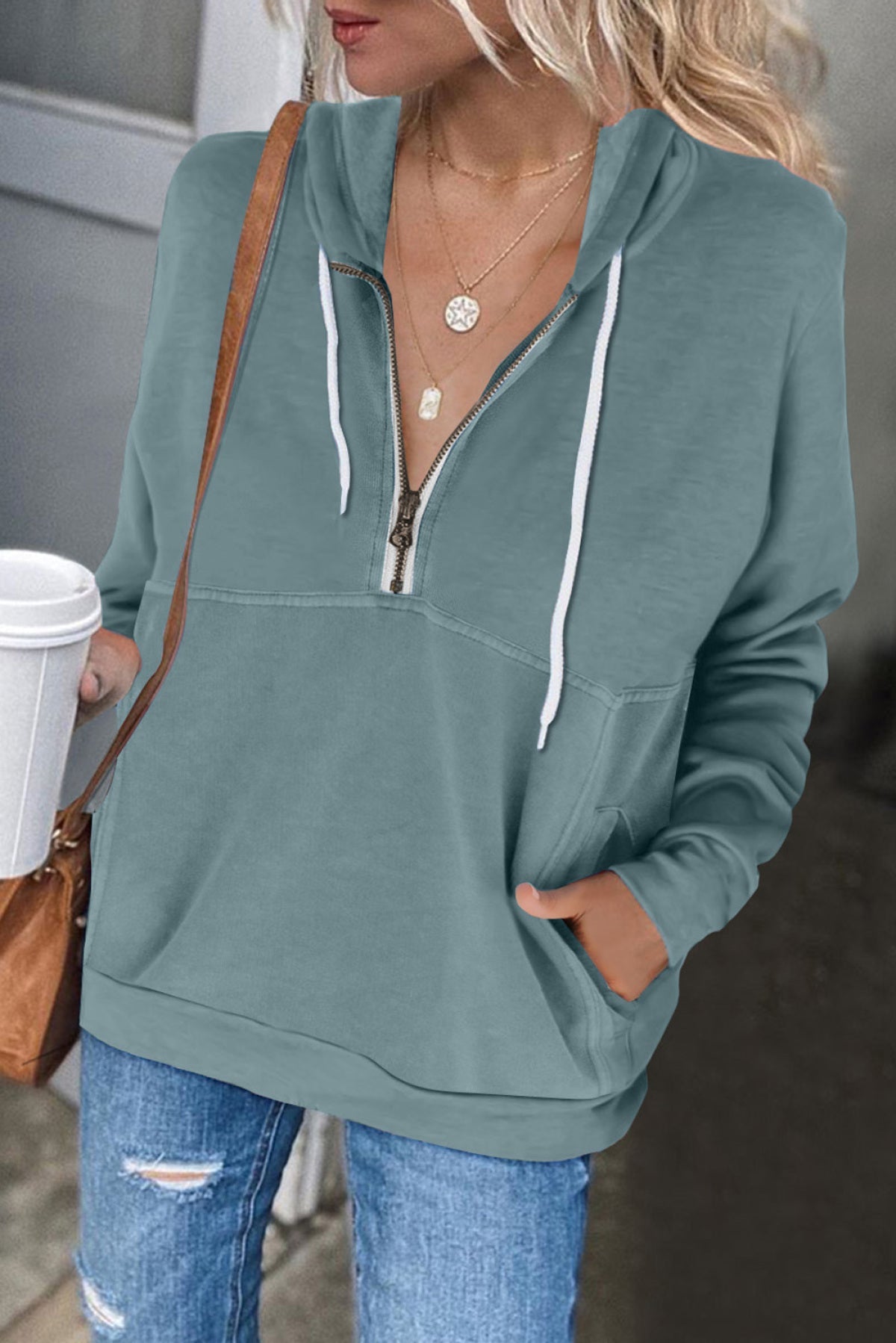 Half Zip Long Sleeve Hoodie With Pocket