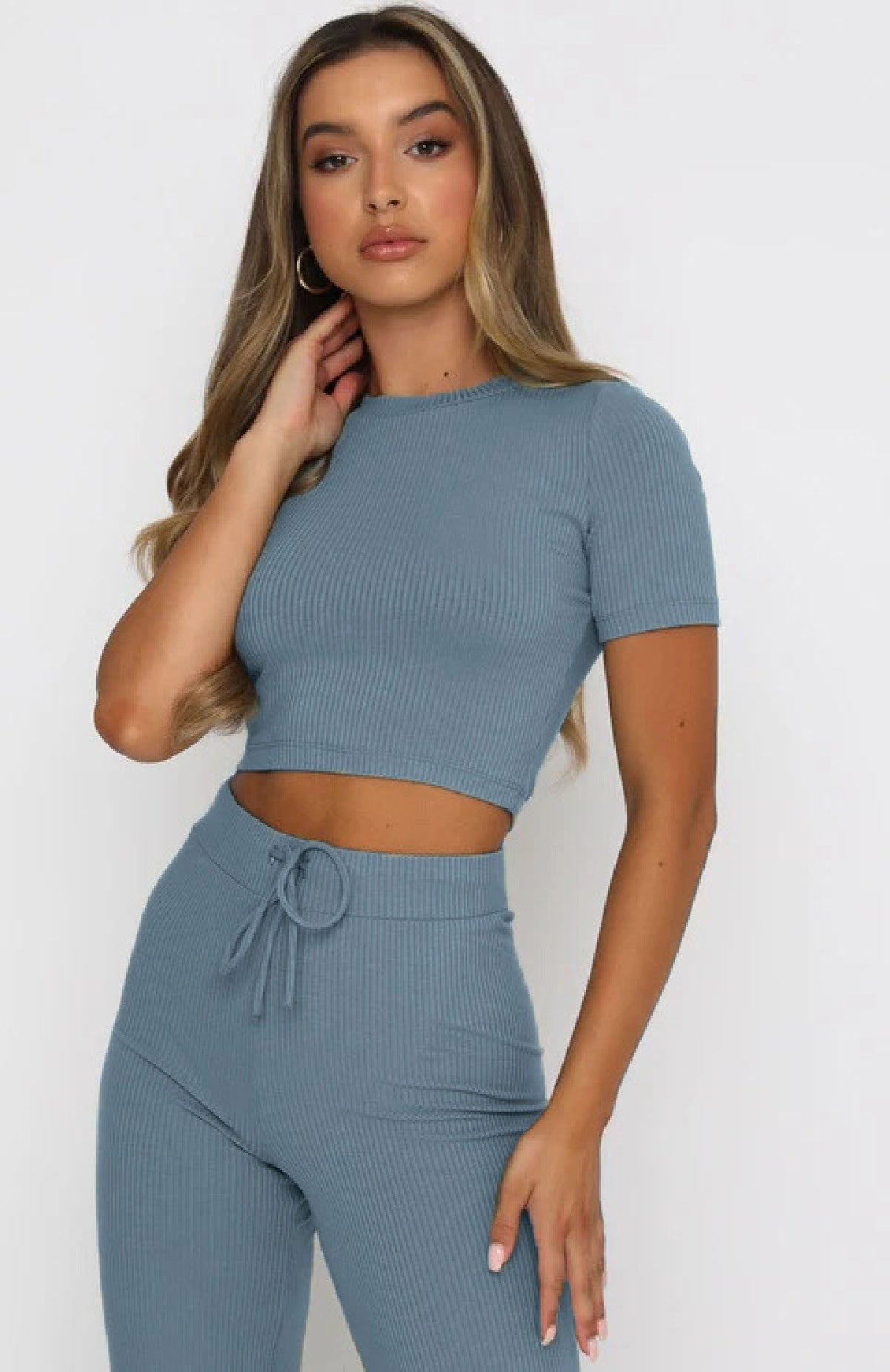 Casual High Elastic Short-Sleeved Top & Wide-Leg Pants Two-Piece Set