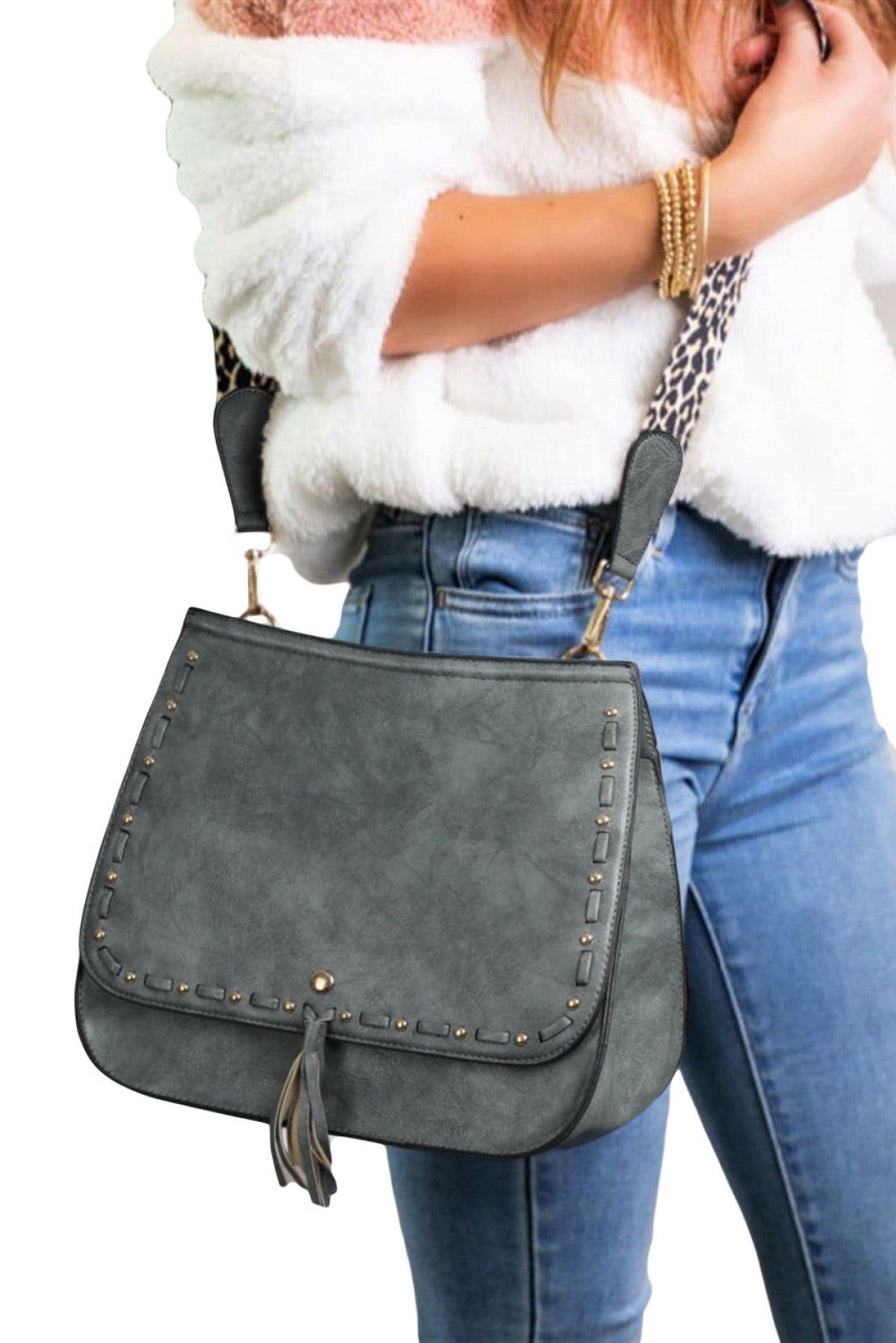 Gray Leopard Strap Tassel PU Leather Crossbody Bag