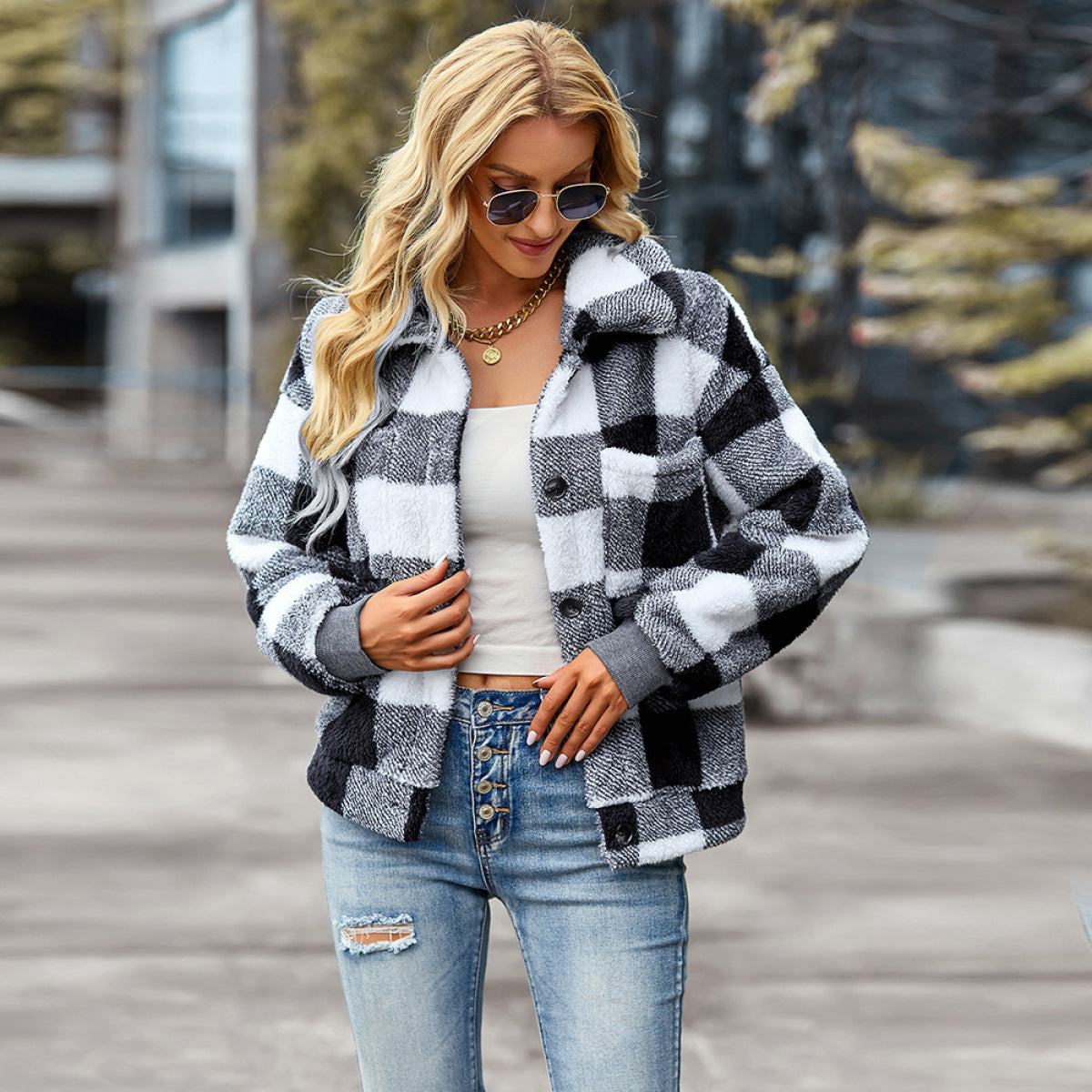 Plaid Lapel Single-Breasted Fleece Short Coat