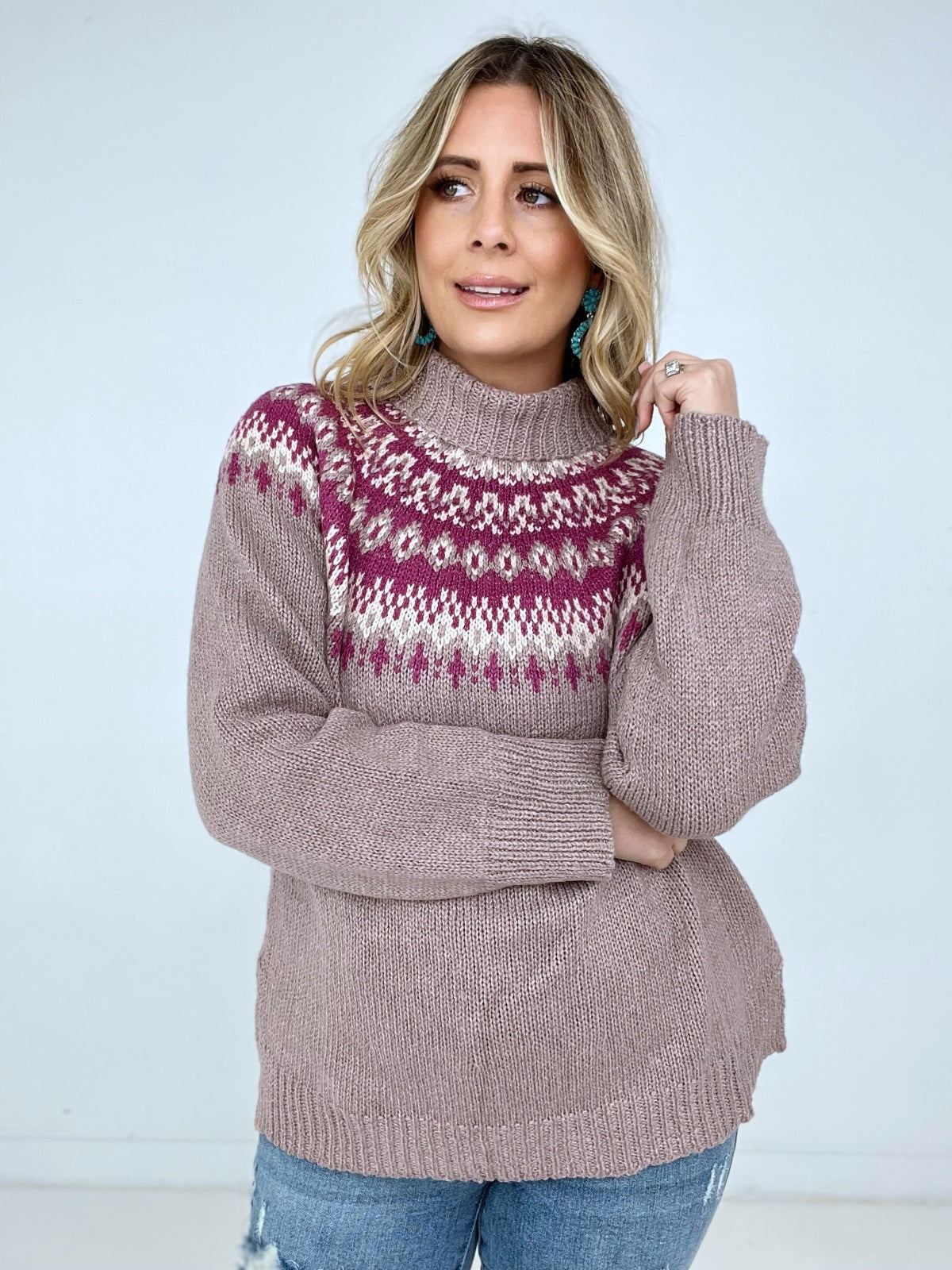 Easel "Nordic Mauve Mock Neck" Mock Neck Knit Side Slit Sweater