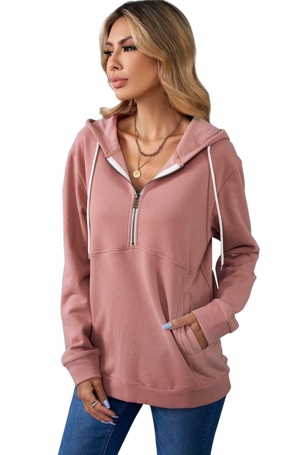 Half Zip Long Sleeve Hoodie With Pocket
