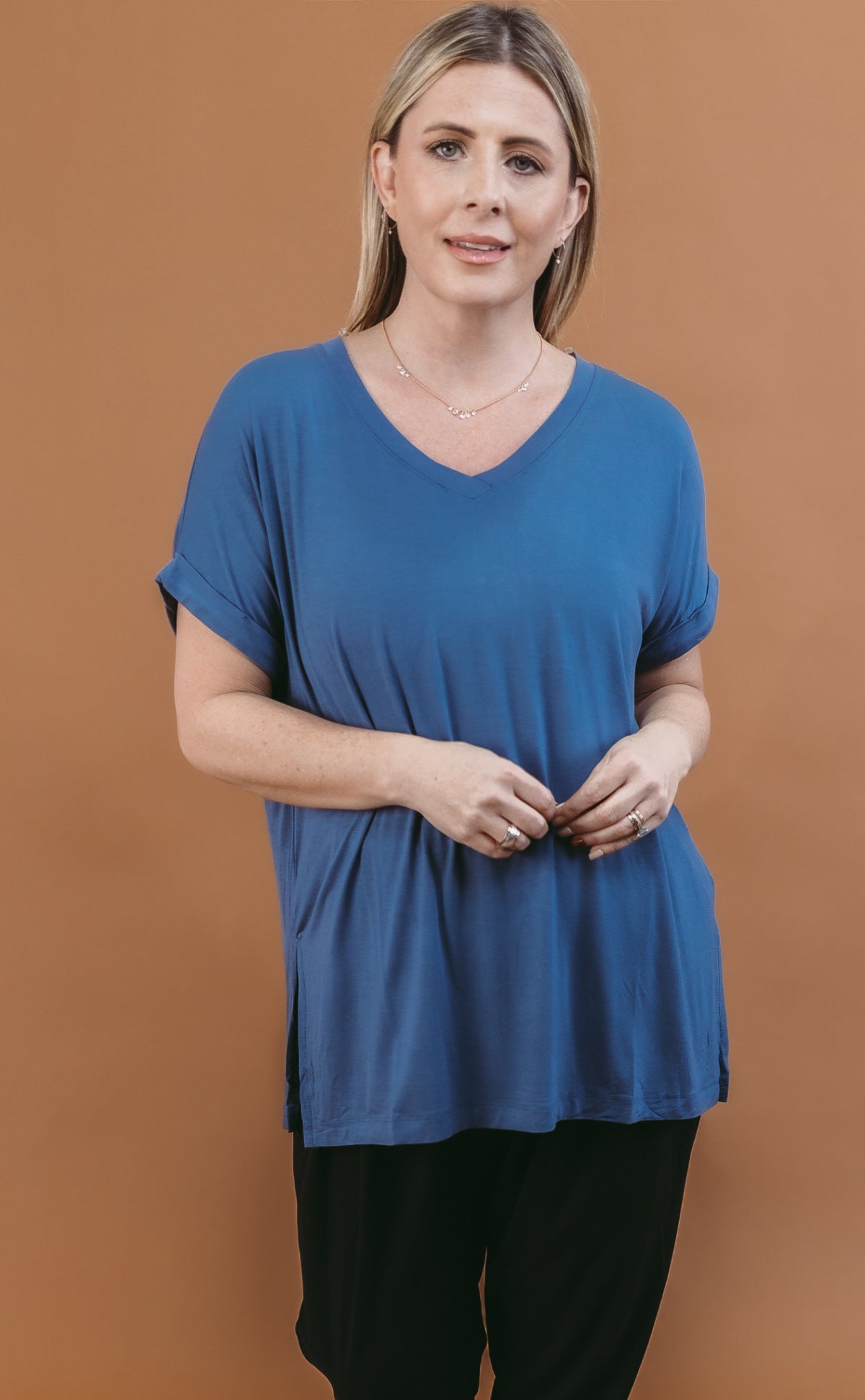 Rae Mode Solid V Neck Short Sleeve Top