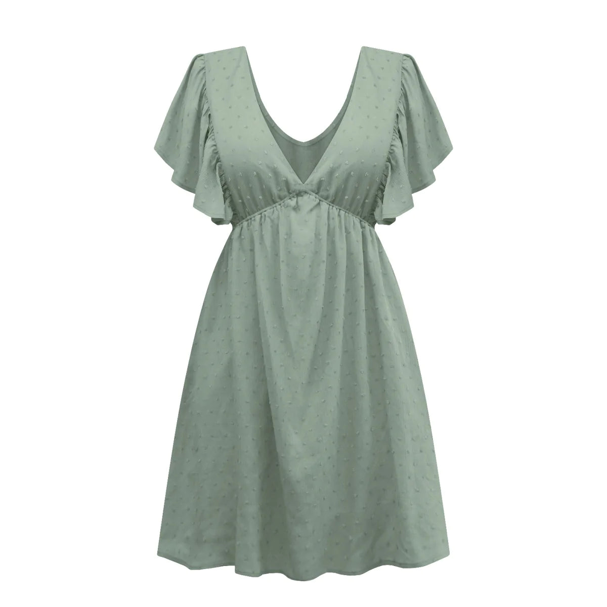 Deep V Ruffle Sleeve Solid Color A-line Mini Dress