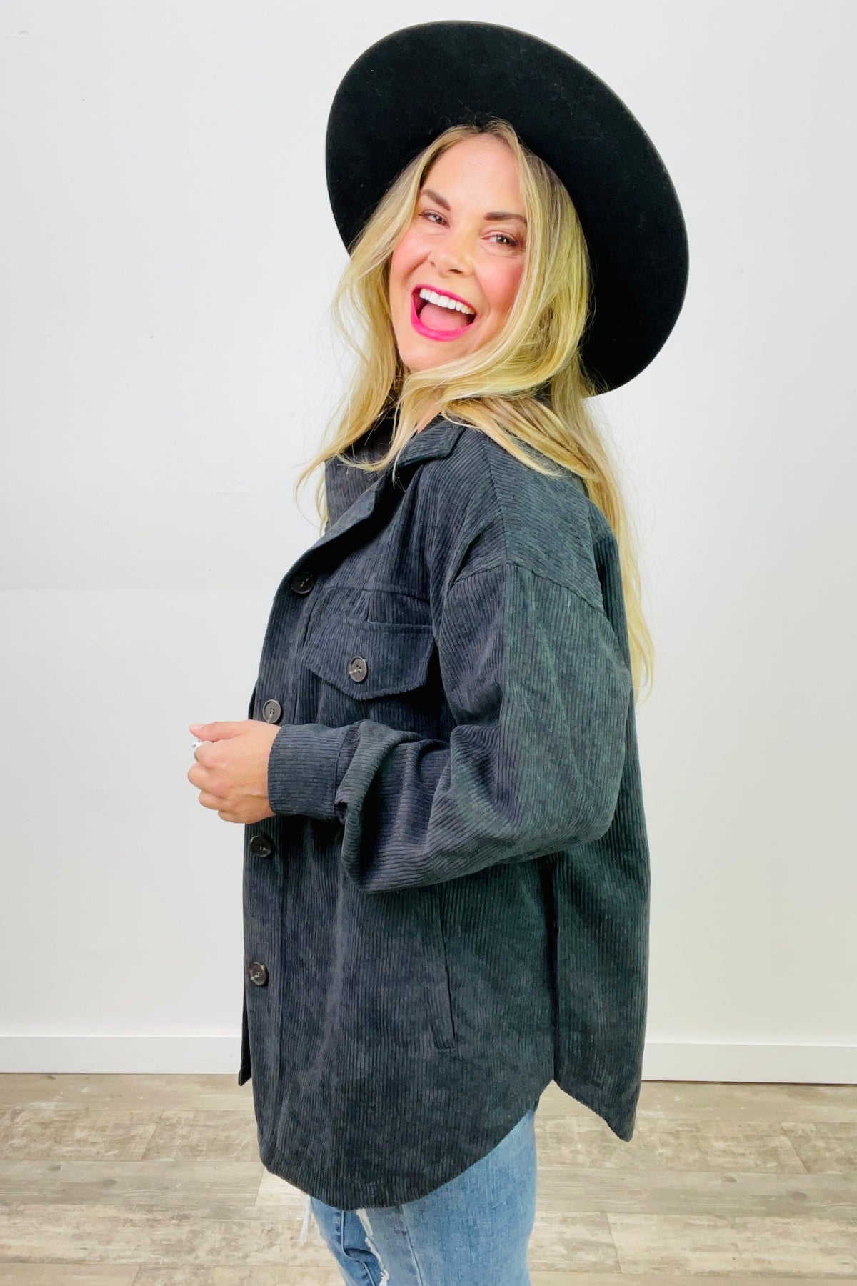 Zenana Oversized Corduroy Button Front Shacket with Pockets