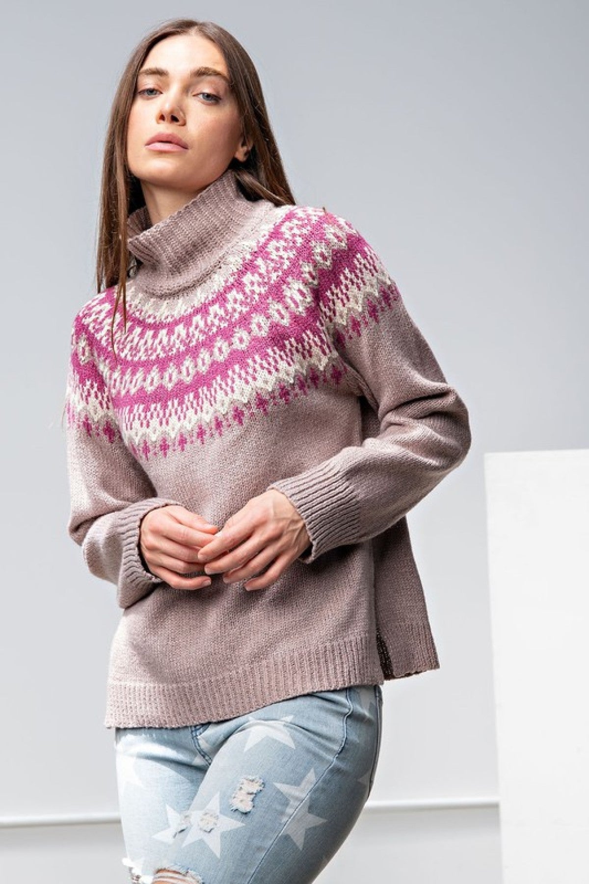 Easel "Nordic Mauve Mock Neck" Mock Neck Knit Side Slit Sweater