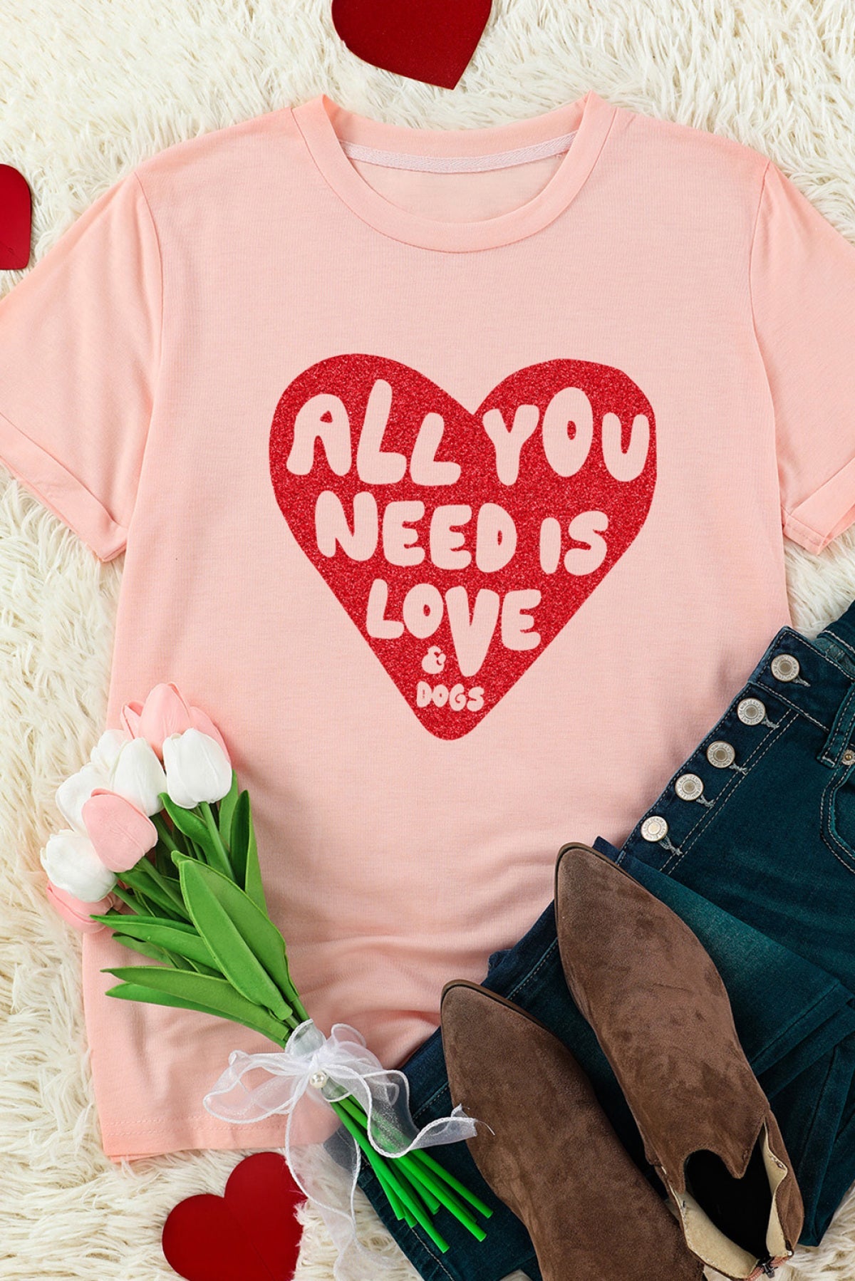 Pink All YOU NEED IS LOVE Heart Glitter Graphic T-Shirt