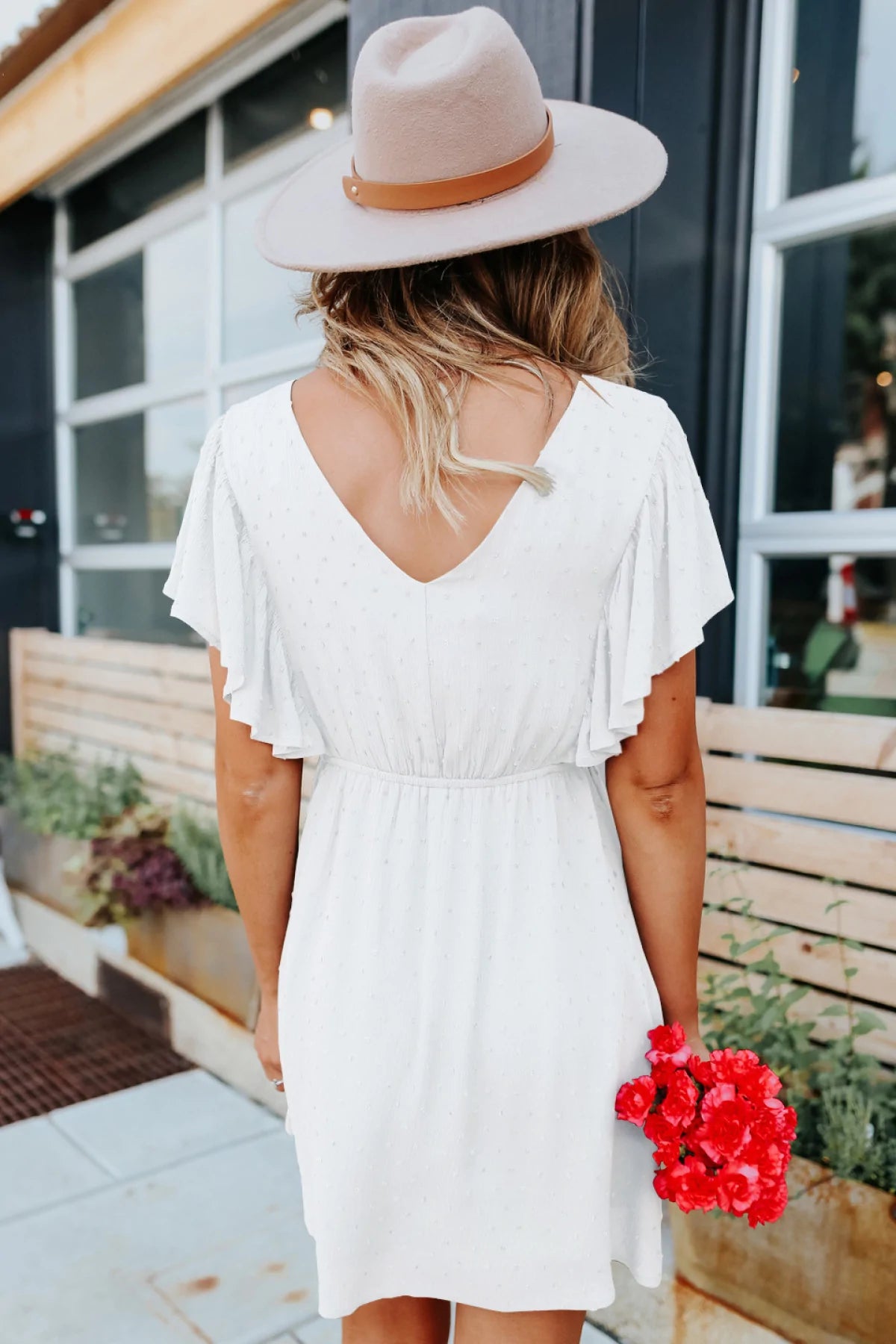 Deep V Ruffle Sleeve Solid Color A-line Mini Dress