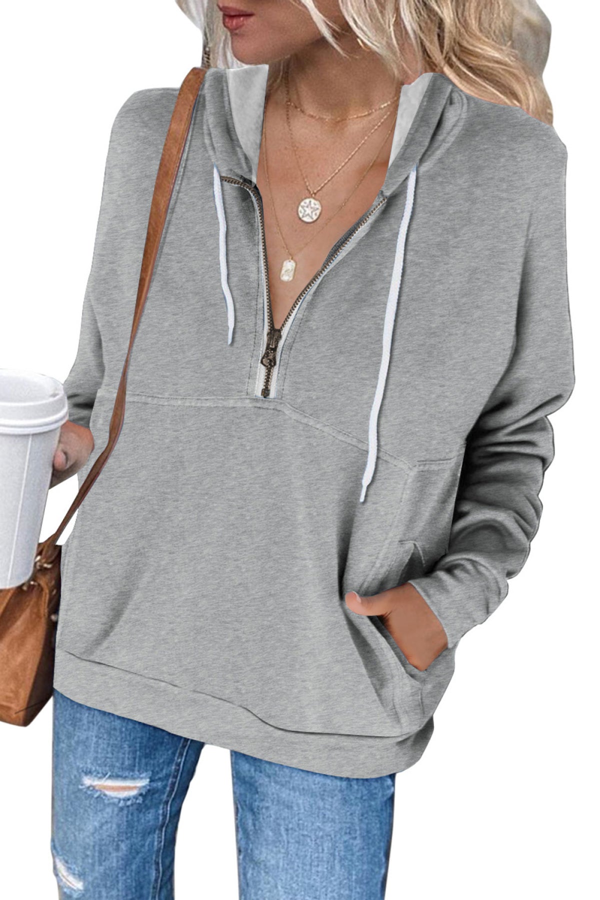 Half Zip Long Sleeve Hoodie With Pocket