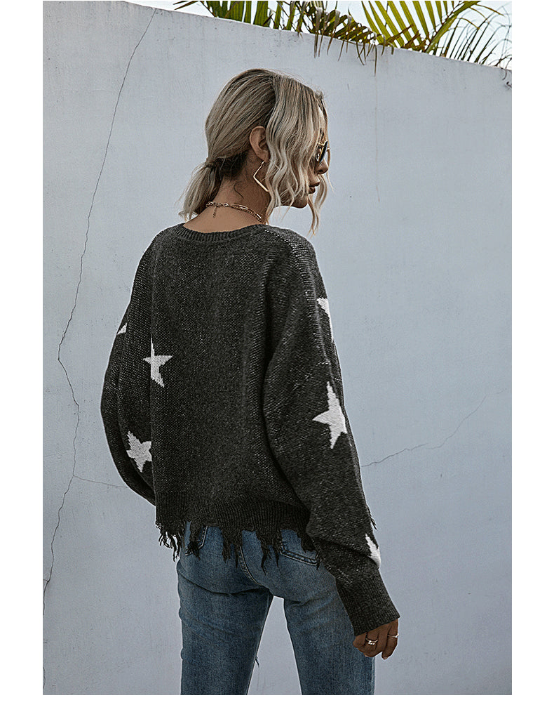 V-Neck Lantern Sleeve Star Fringe Hem Sweater