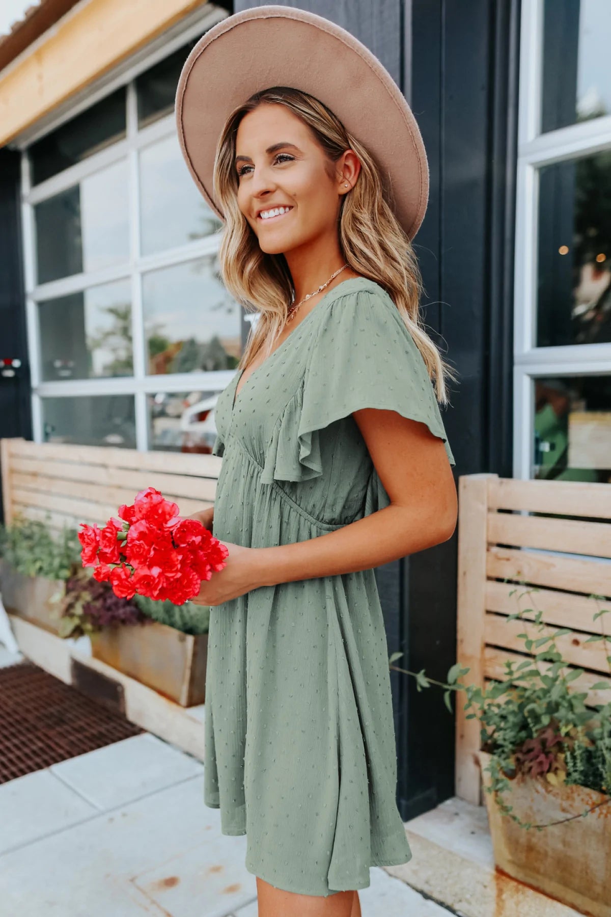 Deep V Ruffle Sleeve Solid Color A-line Mini Dress